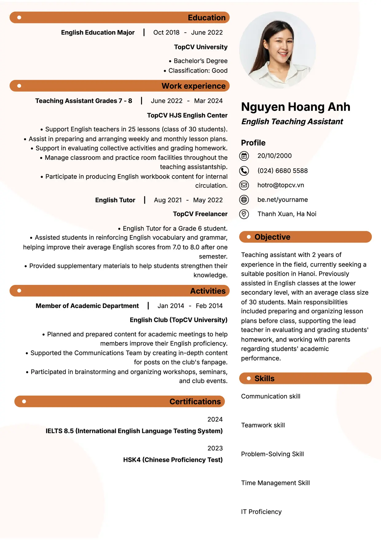 Mẫu CV xin việc Trợ giảng tiếng Anh style Basic 5