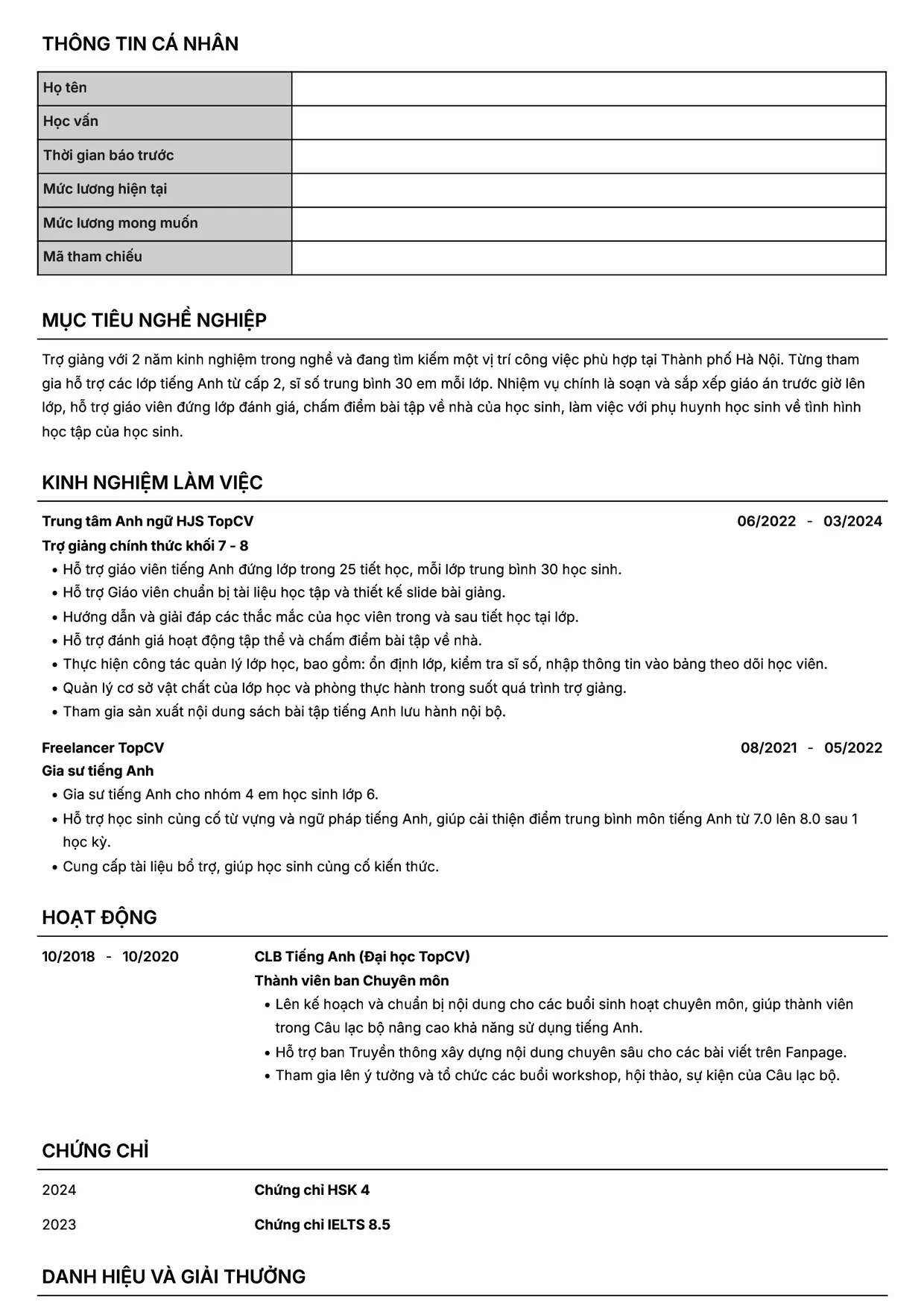 Mẫu CV Trợ giảng tiếng Anh style Headhunt