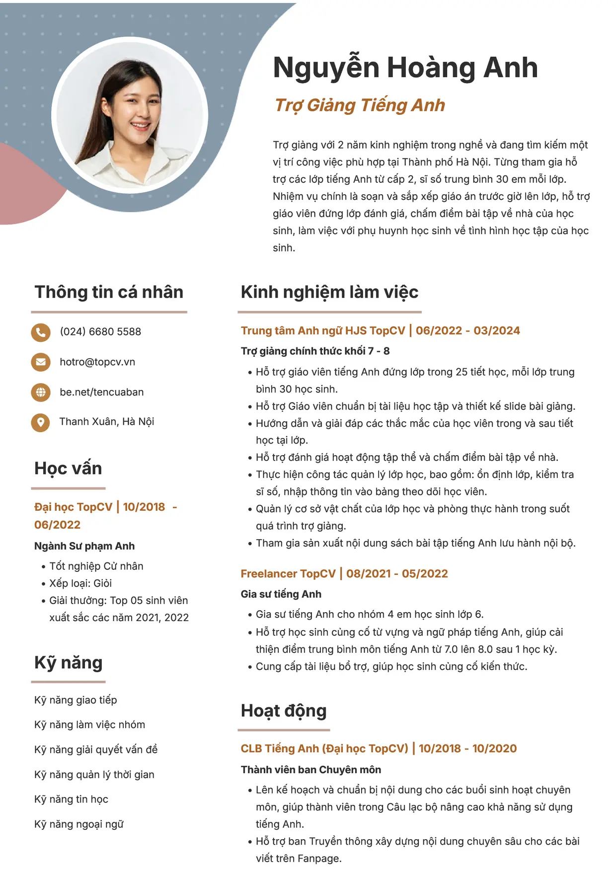 Mẫu CV Trợ giảng tiếng Anh style Sáng tạo
