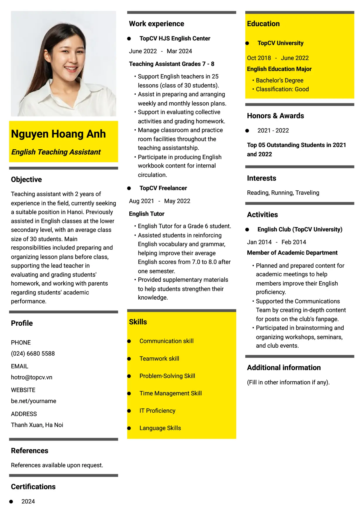 Mẫu CV xin việc Trợ giảng tiếng Anh style Thời đại