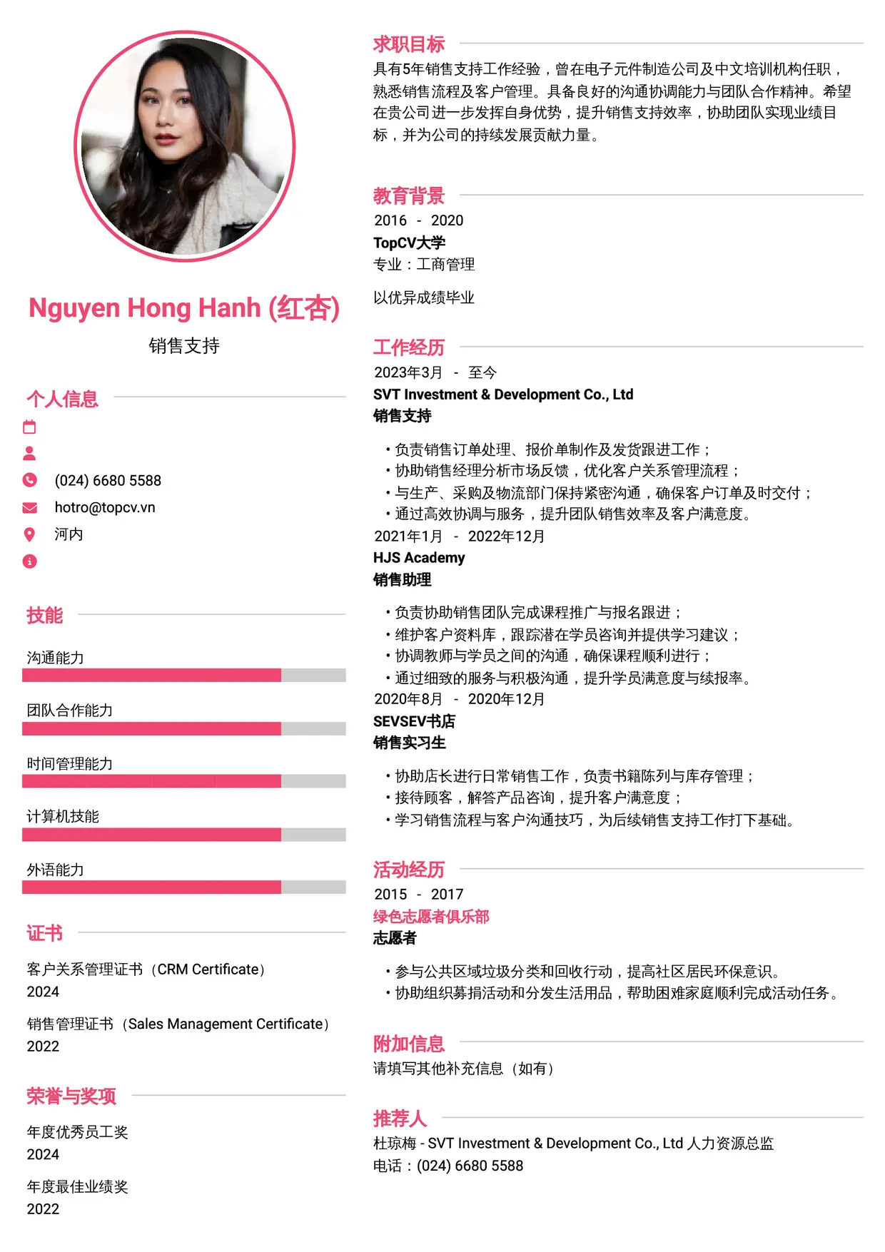 Mẫu CV xin việc Sales Admin/Sales Support/Sales Associate style Hiện Đại 2