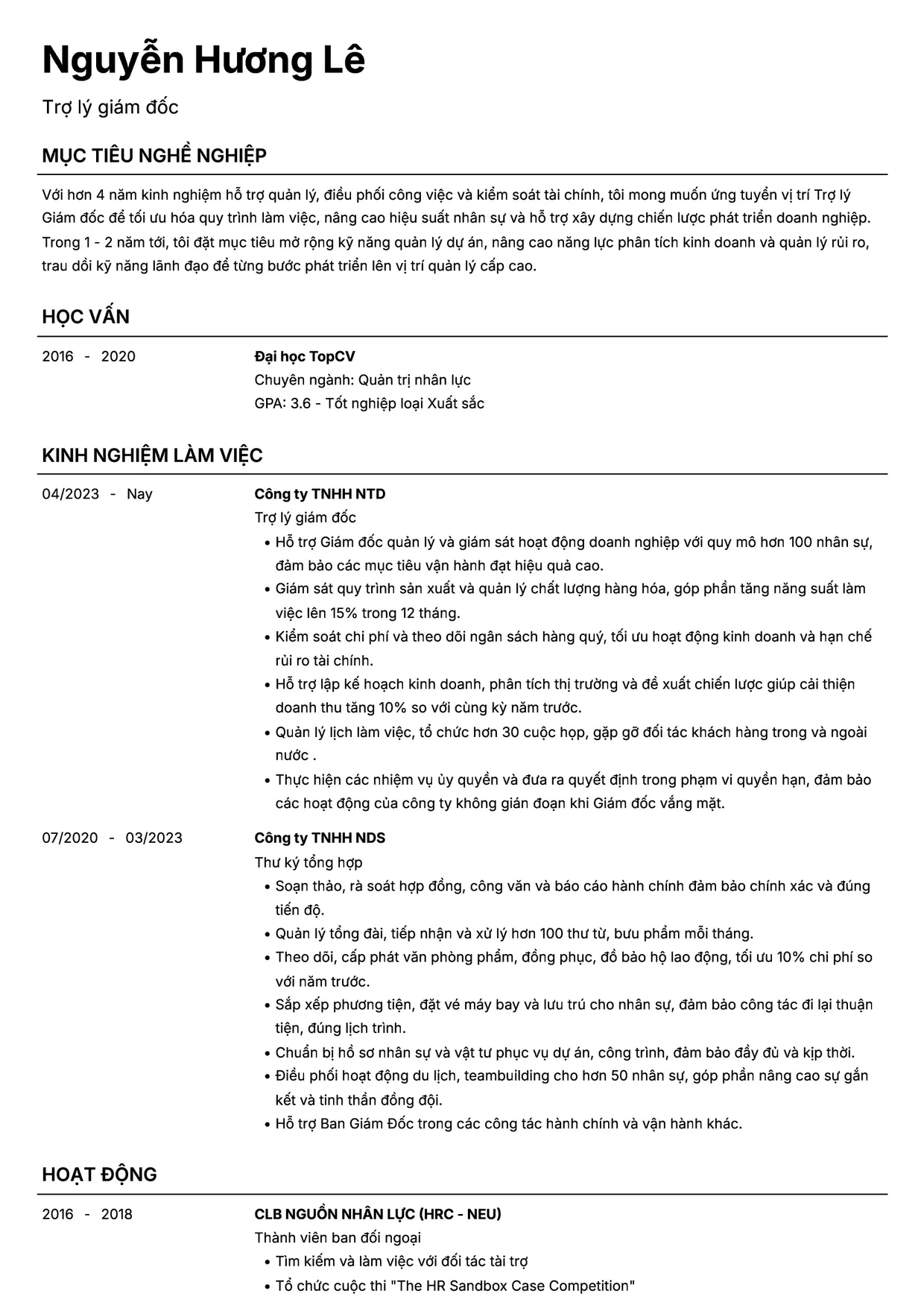 Mẫu CV xin việc Trợ lý/Thư ký style Headhunt