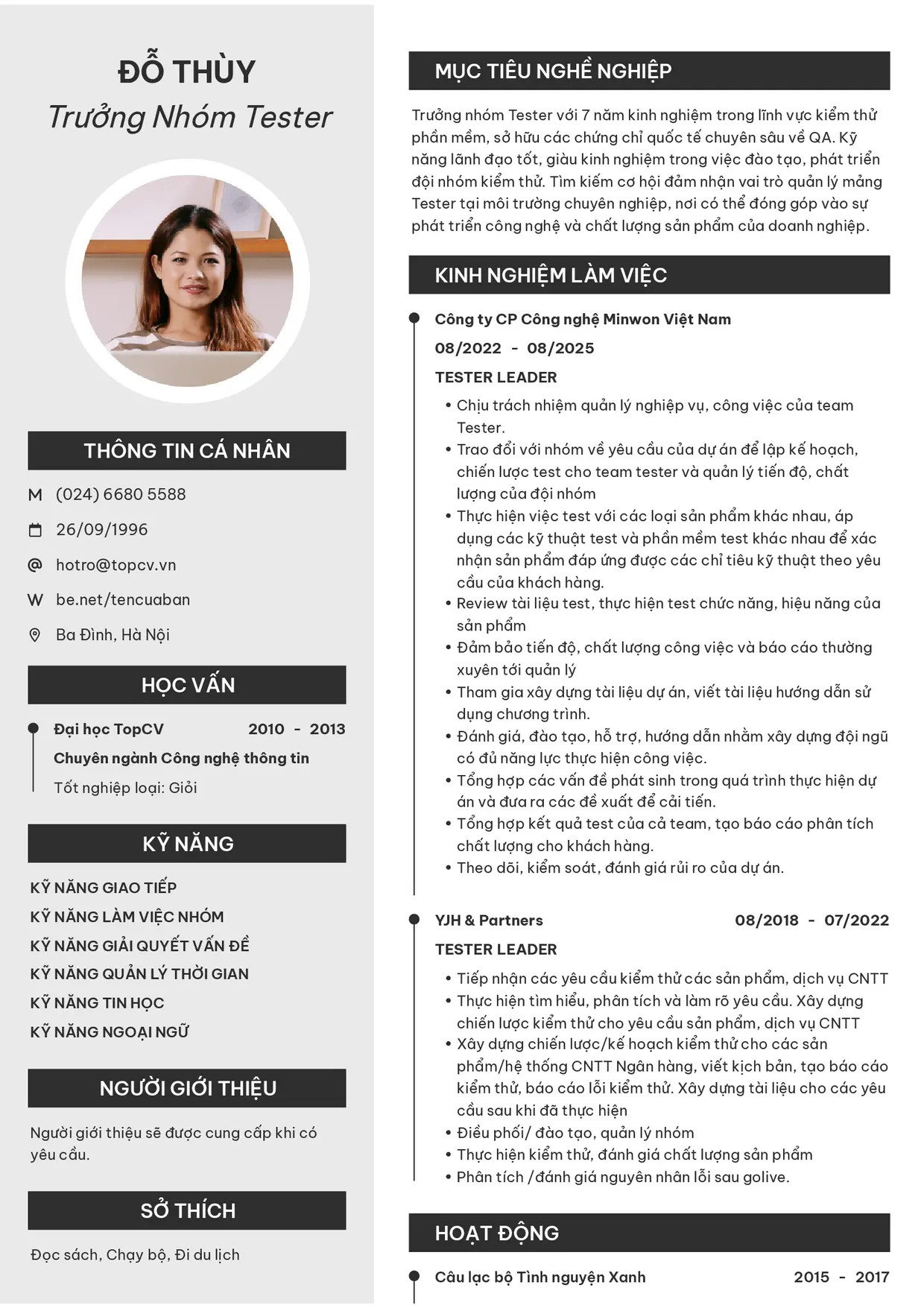 Mẫu CV Trưởng nhóm Tester style Clarity