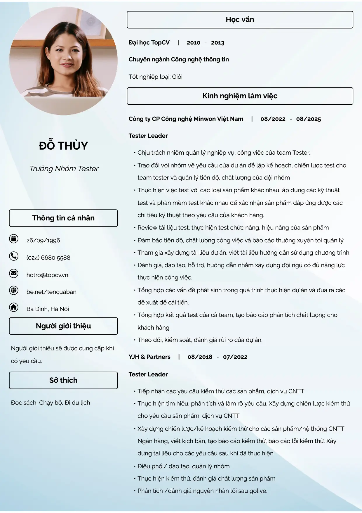 Mẫu CV Trưởng nhóm Tester style Đam mê