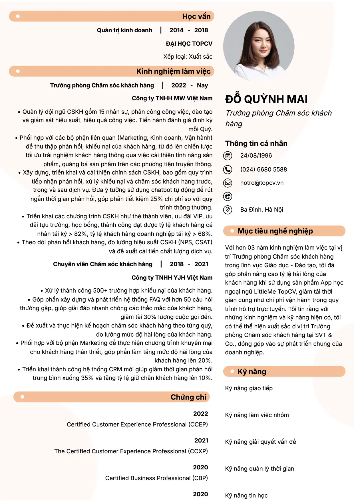 Mẫu CV xin việc Trưởng phòng chăm sóc khách hàng style Basic 5