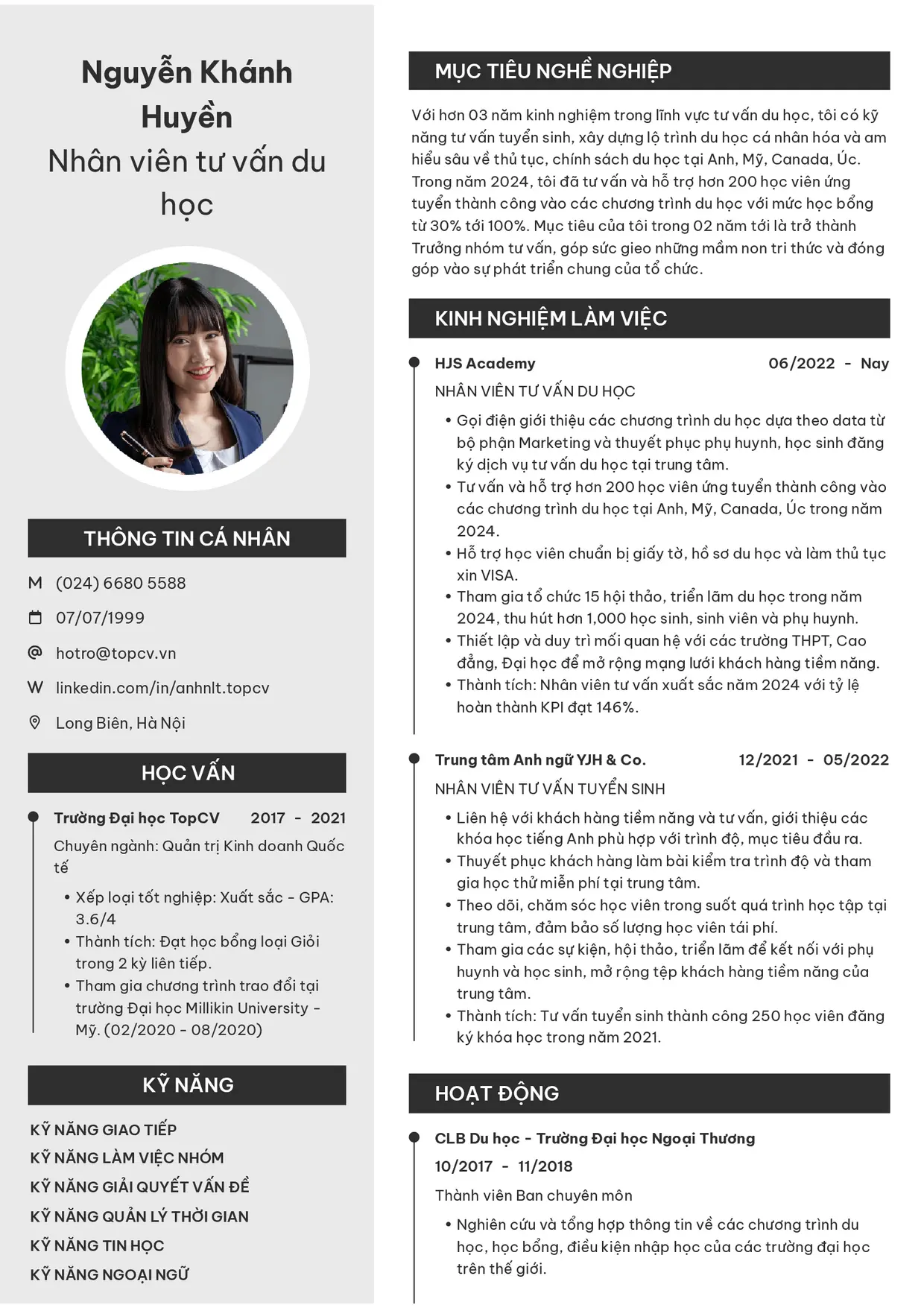 Mẫu CV Nhân viên tư vấn du học style Clarity