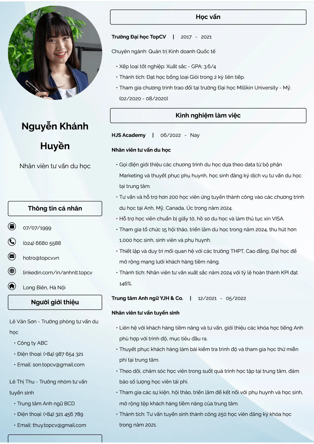 Mẫu CV Nhân viên tư vấn du học style Đam mê