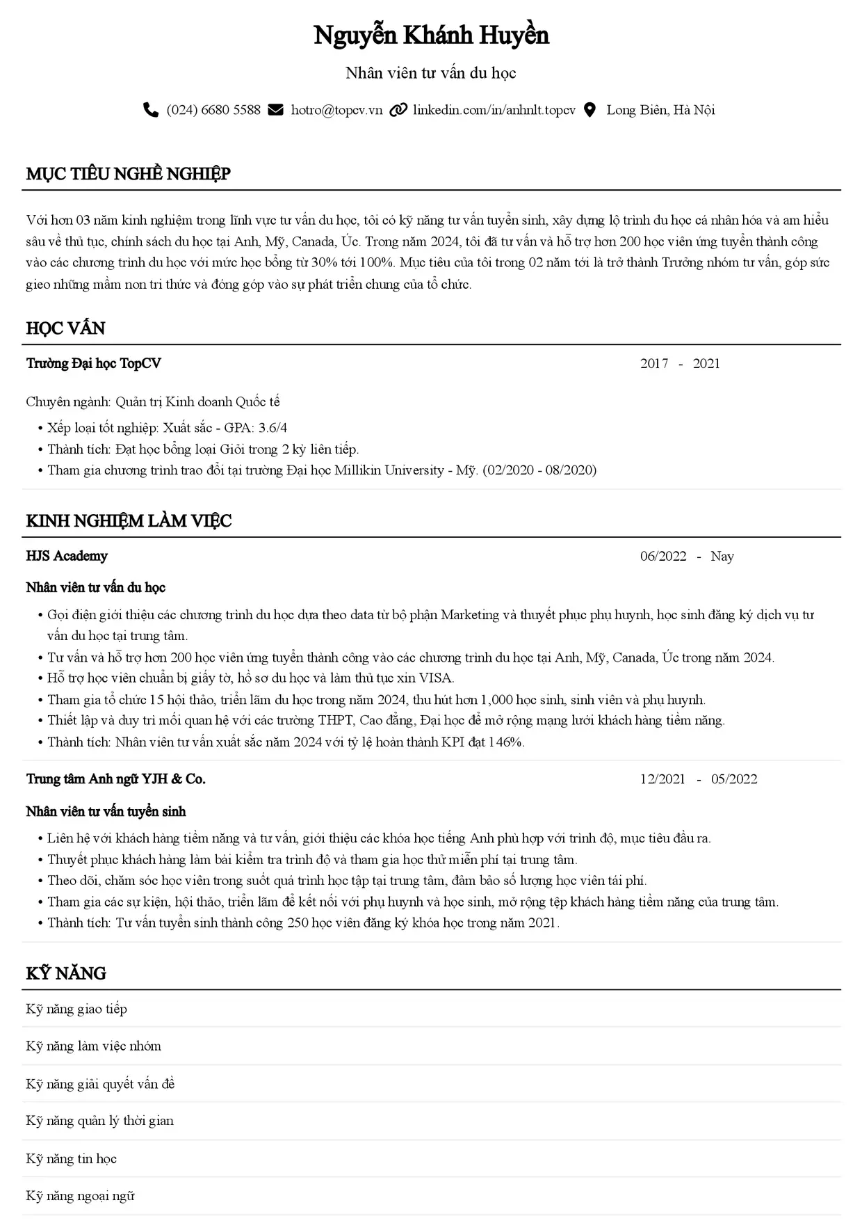 Mẫu CV Nhân viên tư vấn du học style Senior