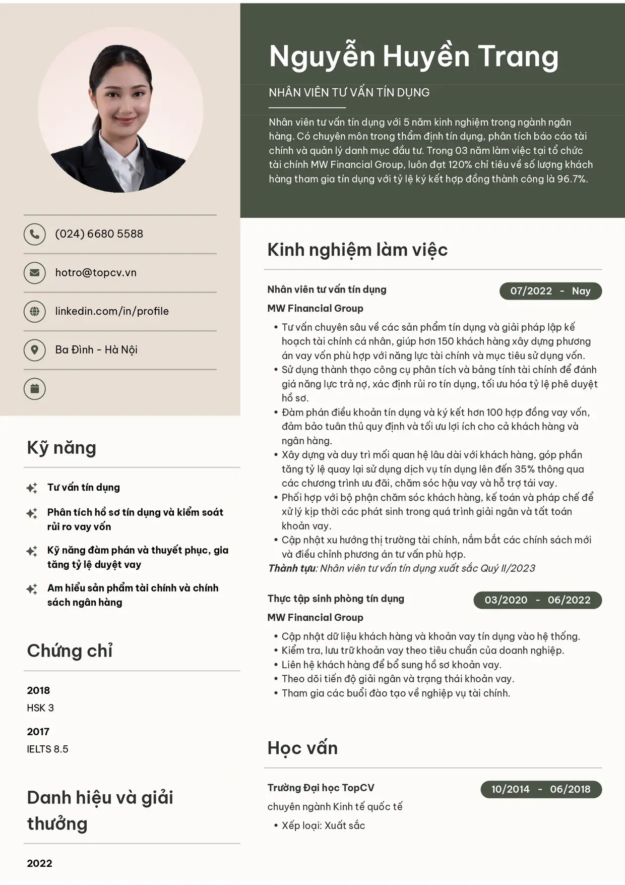 Mẫu CV Tư vấn tín dụng style Bright