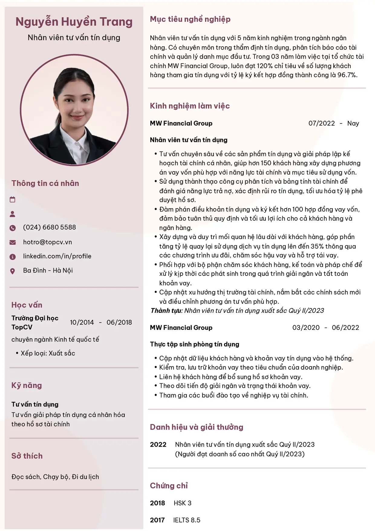 Mẫu CV Tư vấn tín dụng style Hiện đại 6