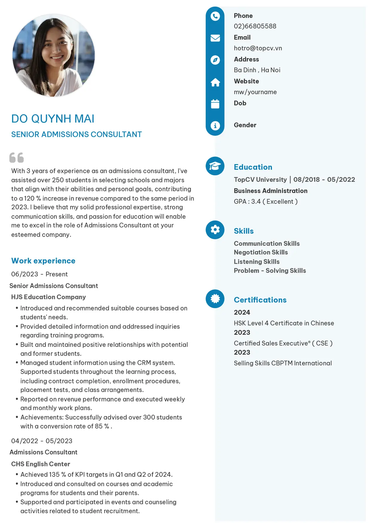 Mẫu CV xin việc Tư vấn tuyển sinh/khoá học style Basic 4