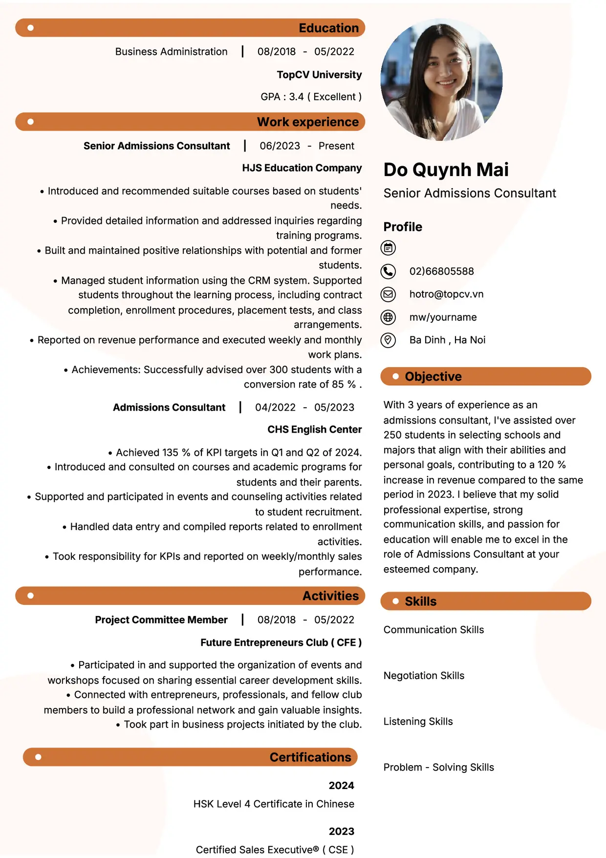 Mẫu CV xin việc Tư vấn tuyển sinh/khoá học style Basic 5