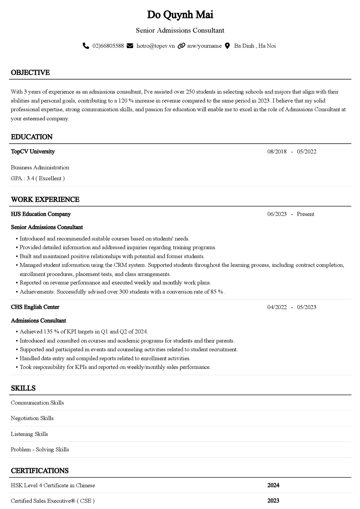 Mẫu CV xin việc Tư vấn tuyển sinh/khoá học style Senior