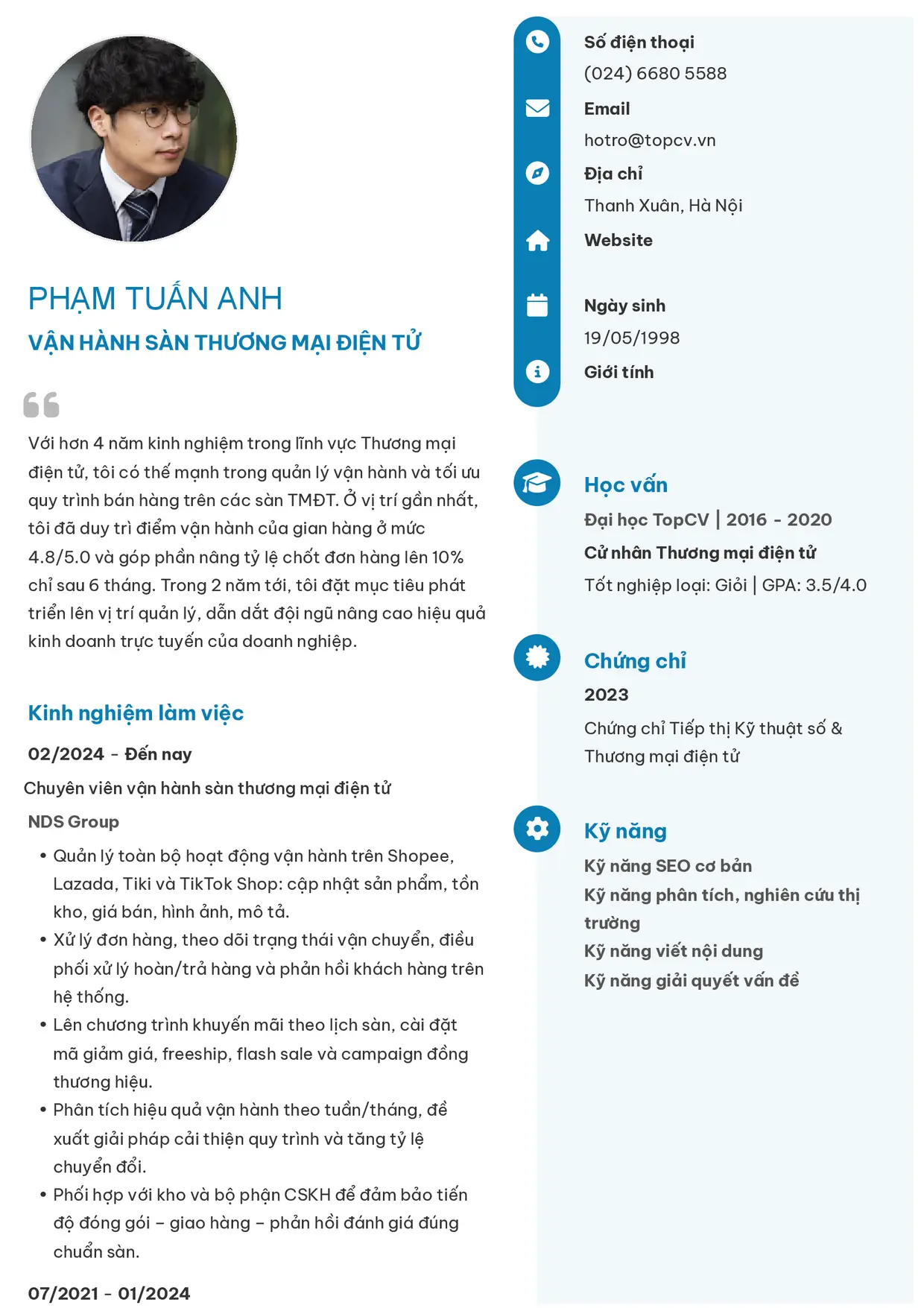 Mẫu CV xin việc Vận hành sàn thương mại điện tử style Basic 4
