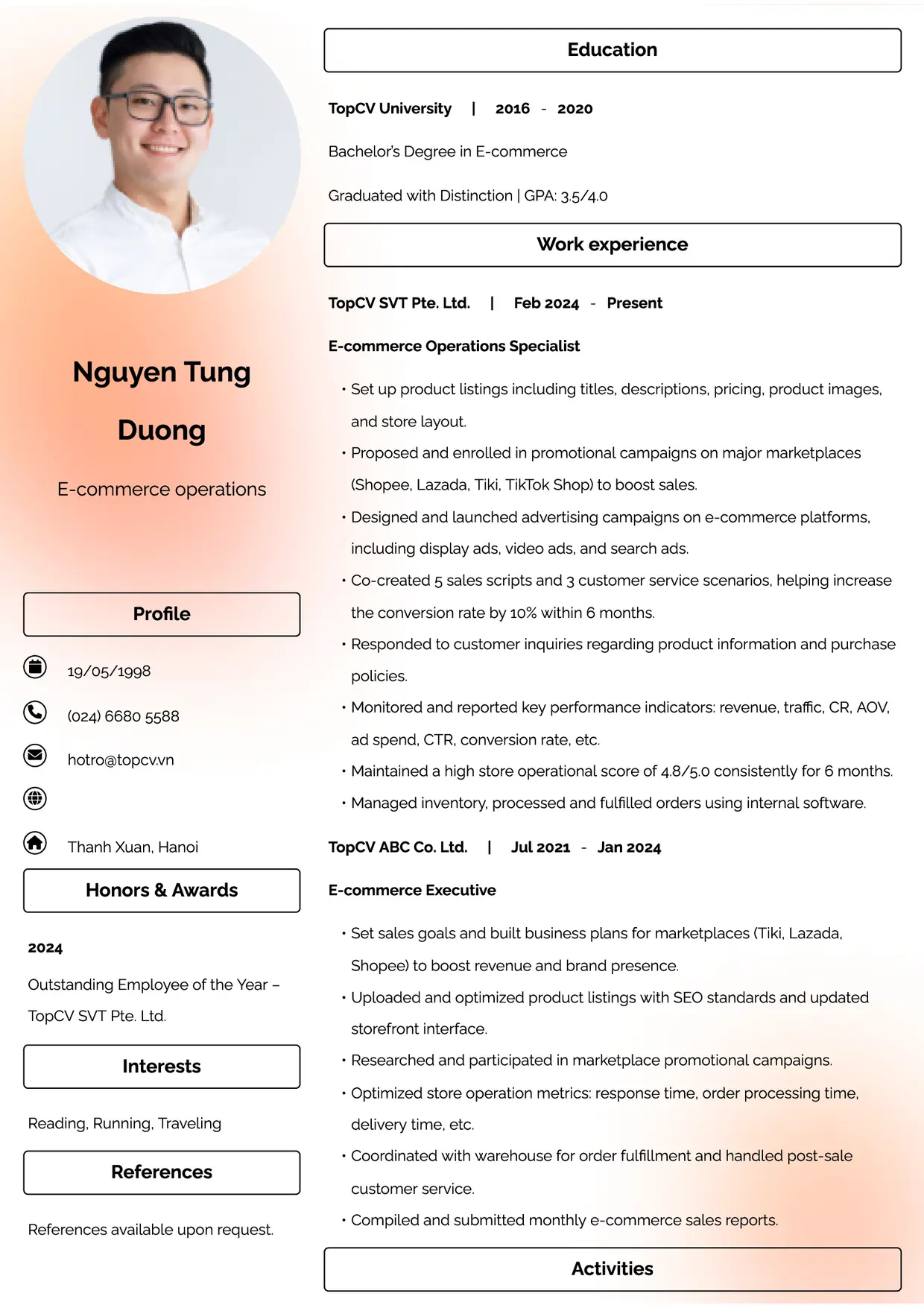 Mẫu CV xin việc Vận hành sàn thương mại điện tử style Đam mê