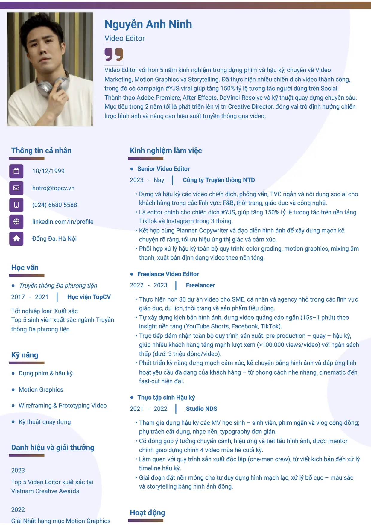 Mẫu CV xin việc Video Editor style Gradient 1