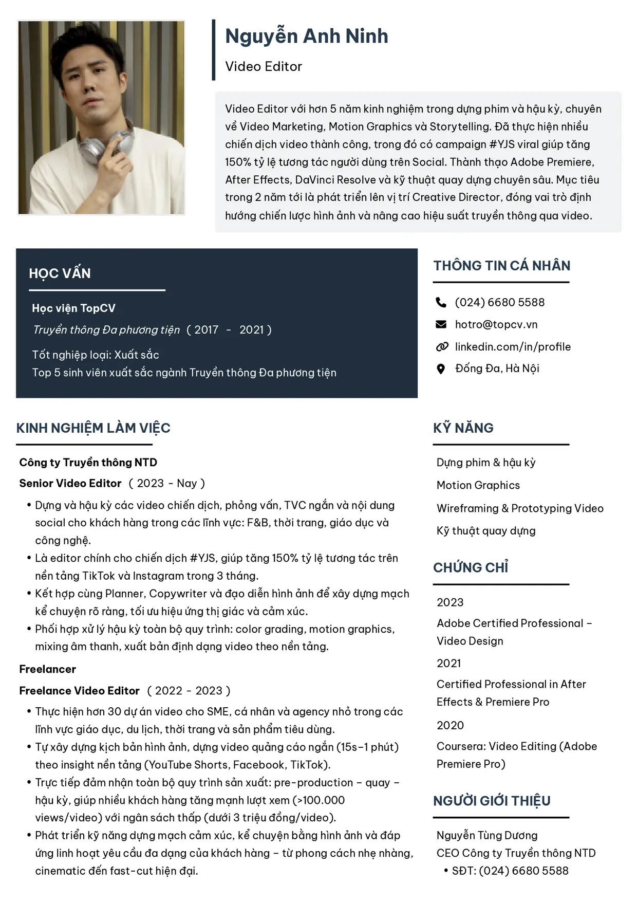 Mẫu CV xin việc Video Editor style Tối giản 2