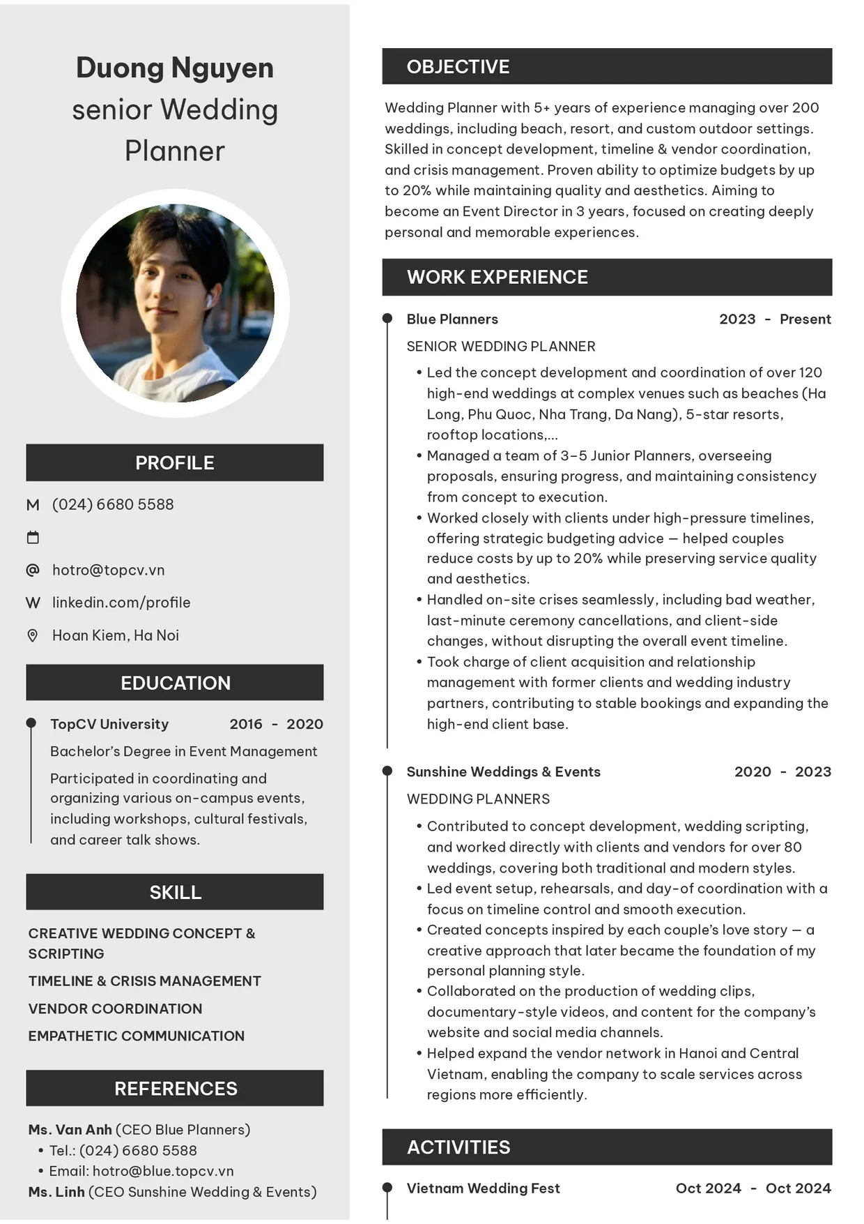 Mẫu CV xin việc Wedding Planner style Clarity