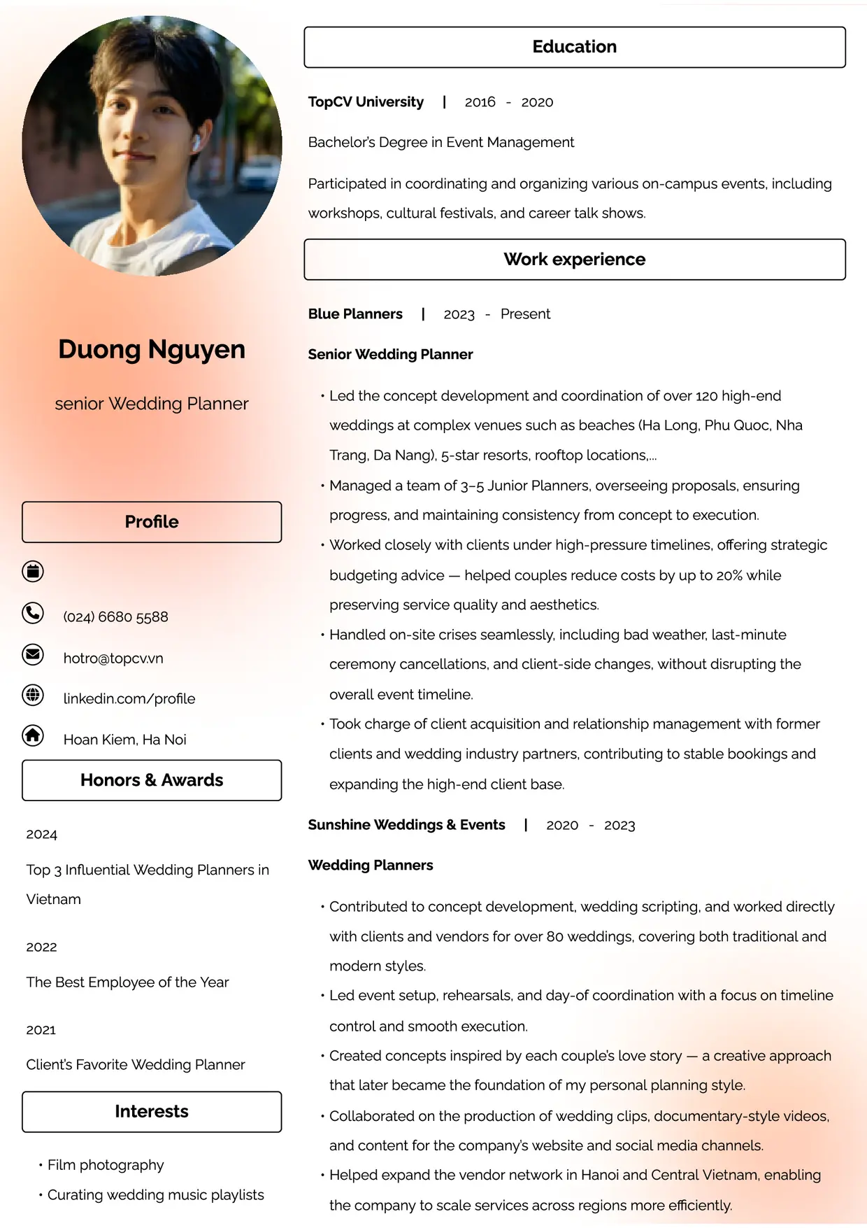 Mẫu CV xin việc Wedding Planner style Đam mê