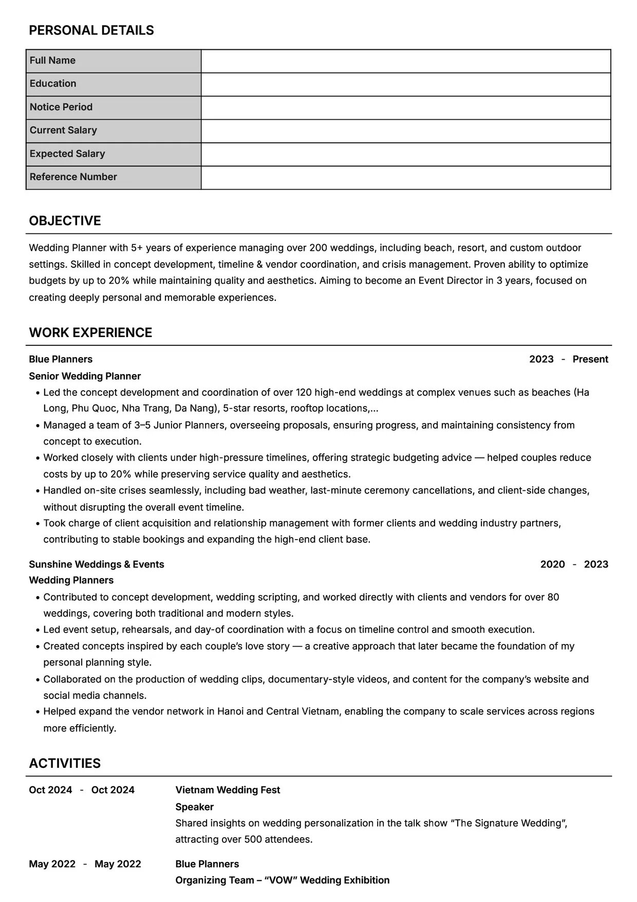 Mẫu CV xin việc Wedding Planner style Headhunt