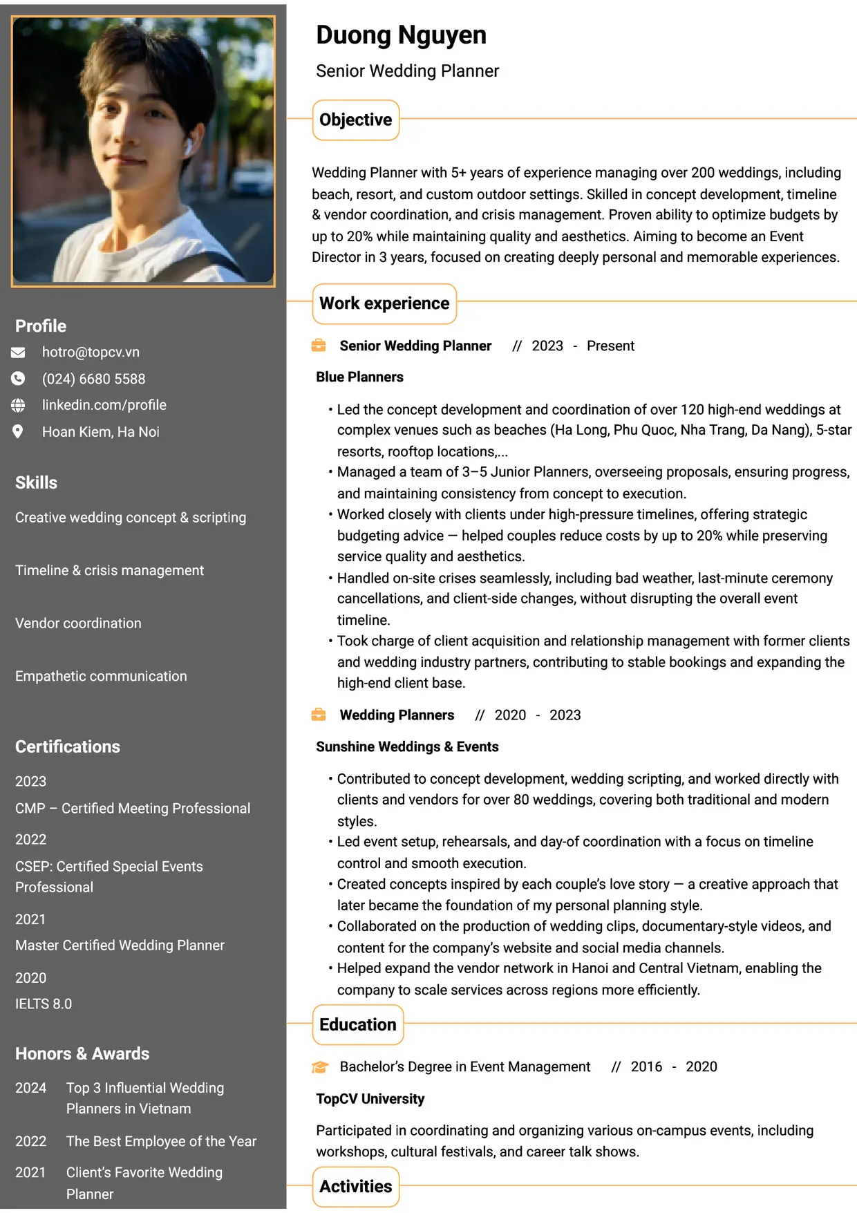 Mẫu CV xin việc Wedding Planner style Thành đạt
