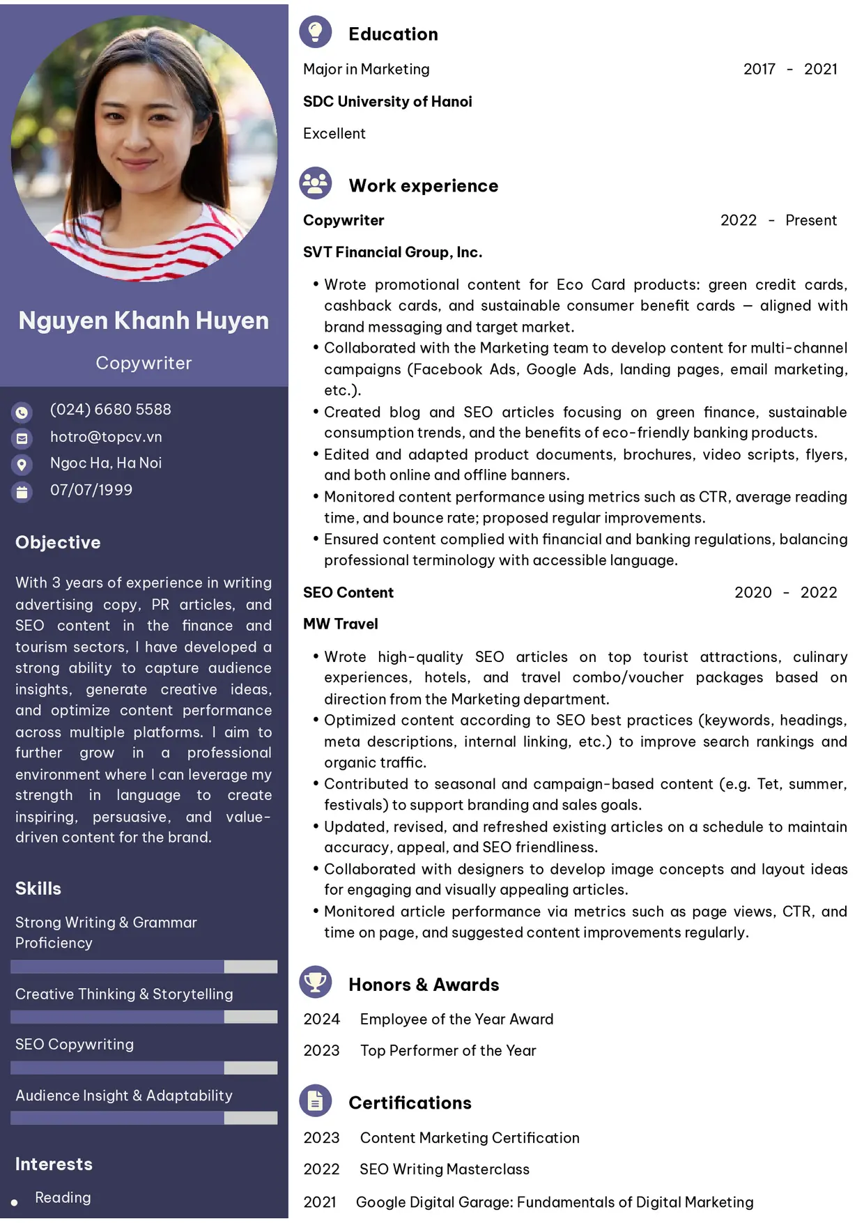 Mẫu CV xin việc Copywriter