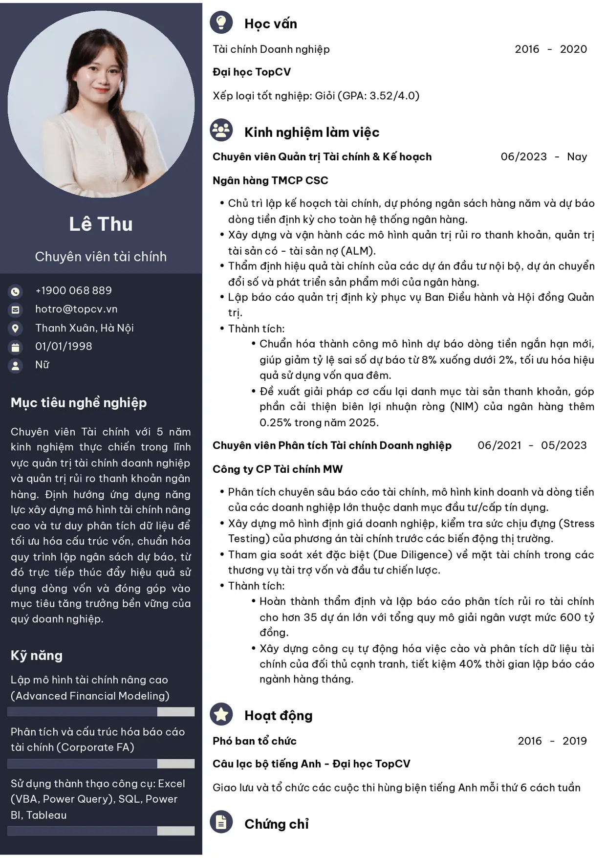Mẫu CV xin việc Chuyên viên tài chính