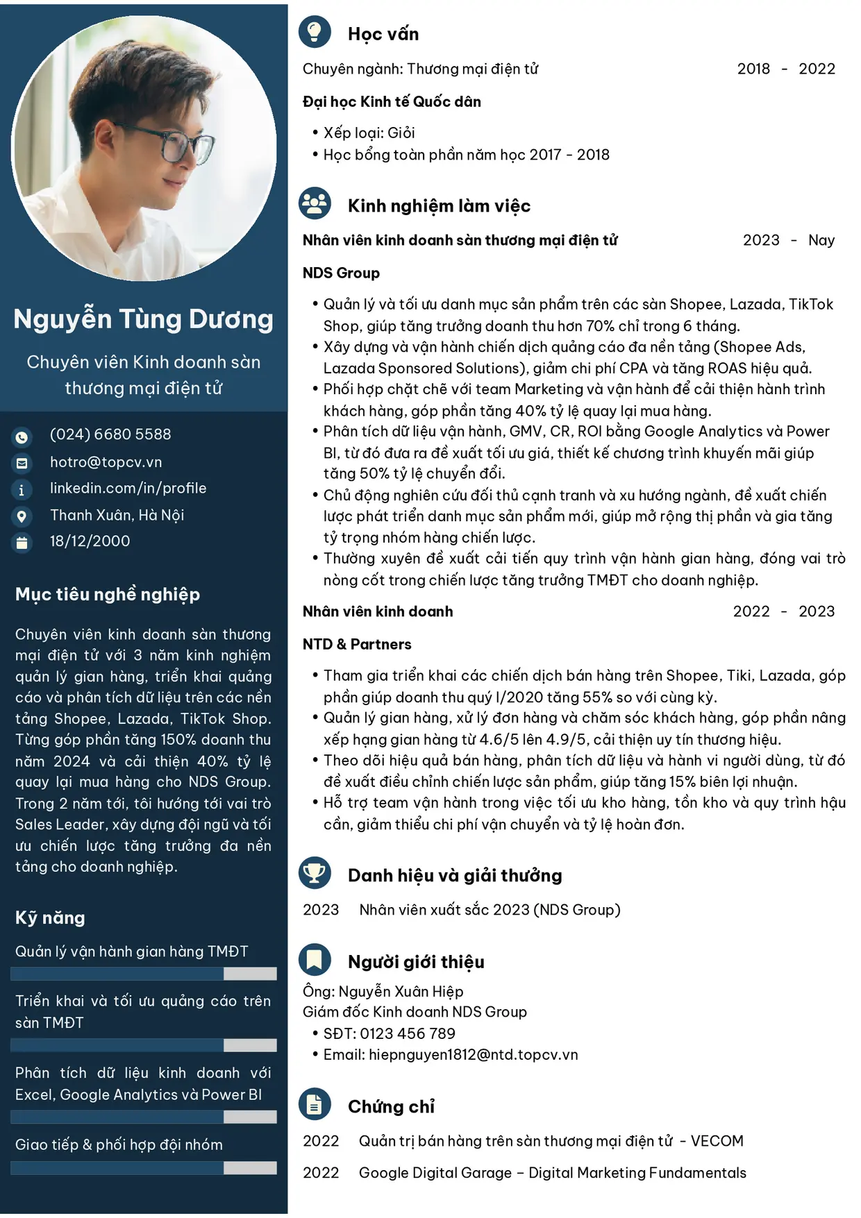 Mẫu CV xin việc Kinh doanh sàn thương mại điện tử