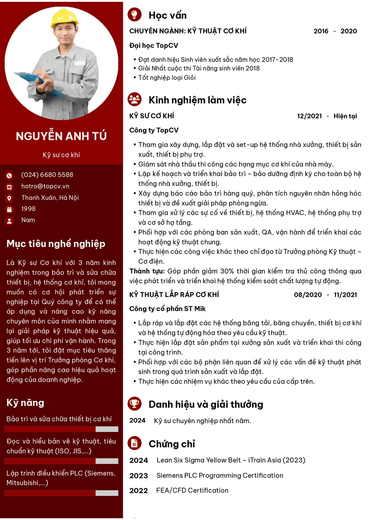Mẫu CV xin việc Kỹ sư cơ khí