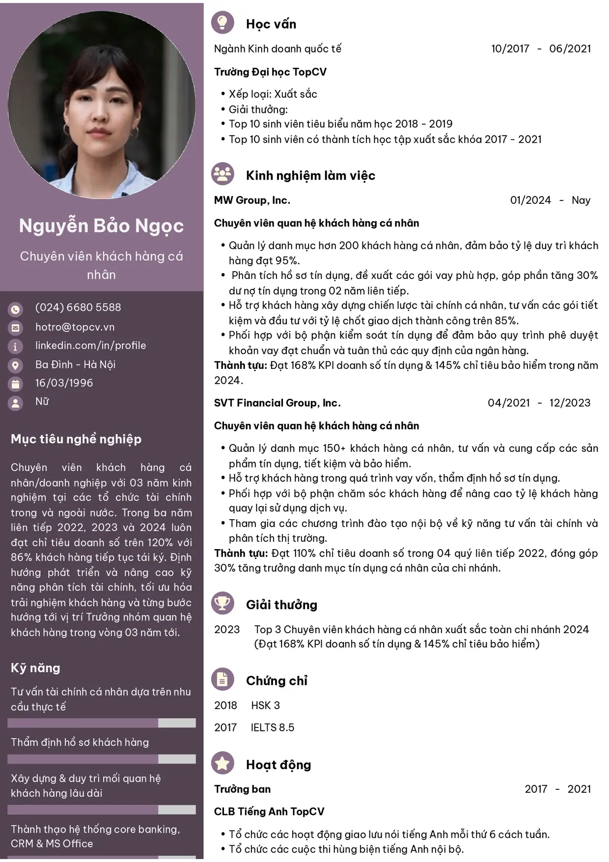 Mẫu CV xin việc Chuyên viên khách hàng cá nhân/doanh nghiệp