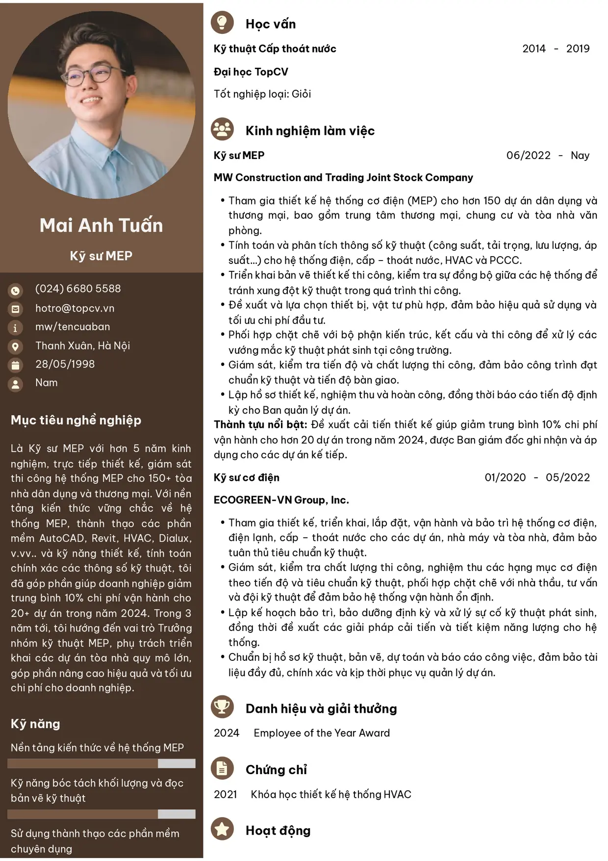 Mẫu CV xin việc Kỹ sư MEP
