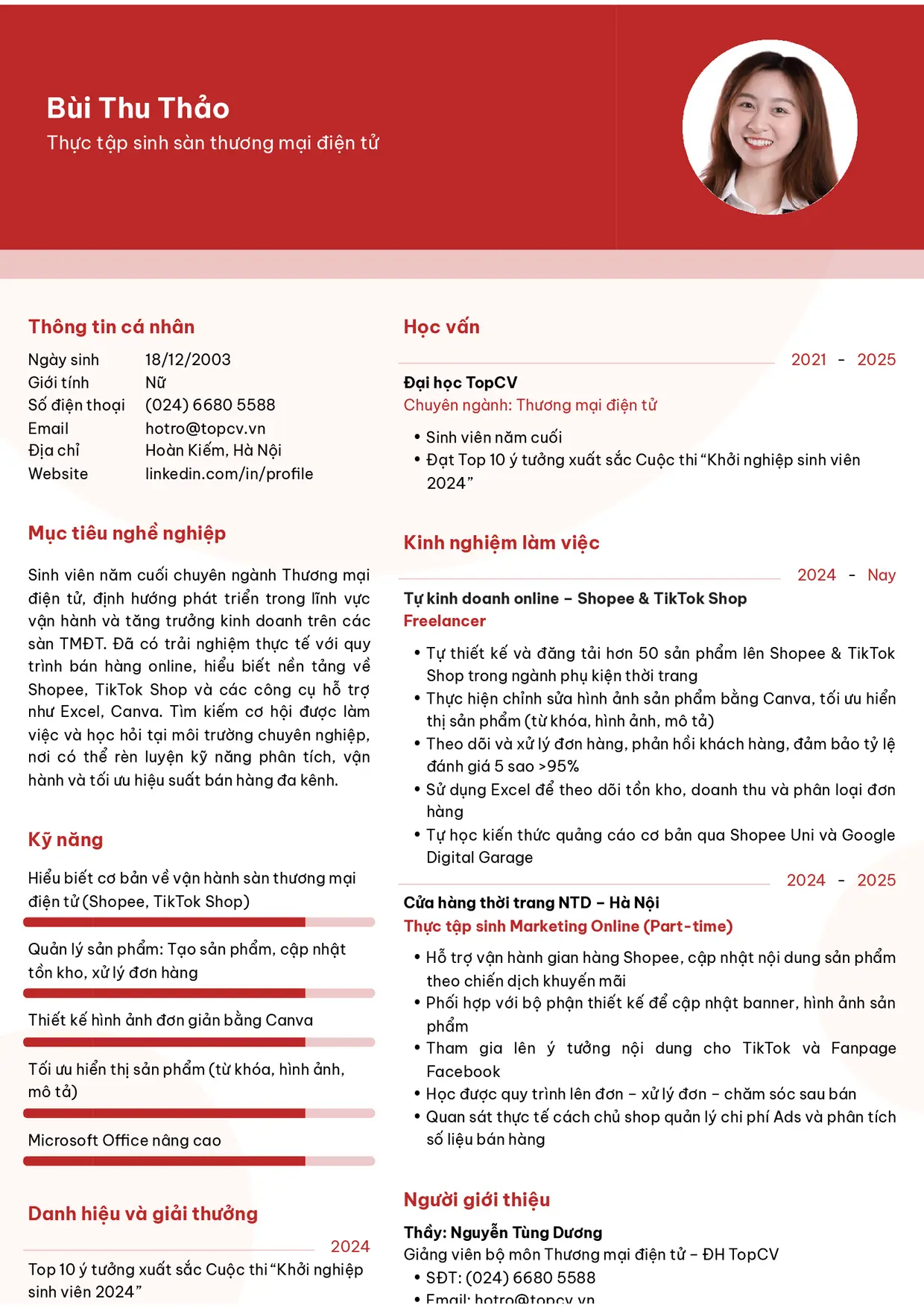 Mẫu CV xin việc Thực tập sinh sàn thương mại điện tử