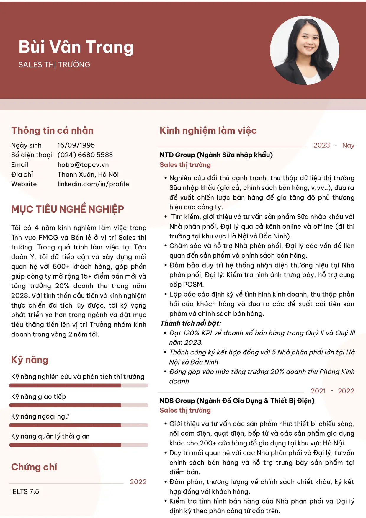 Mẫu CV xin việc Sales thị trường