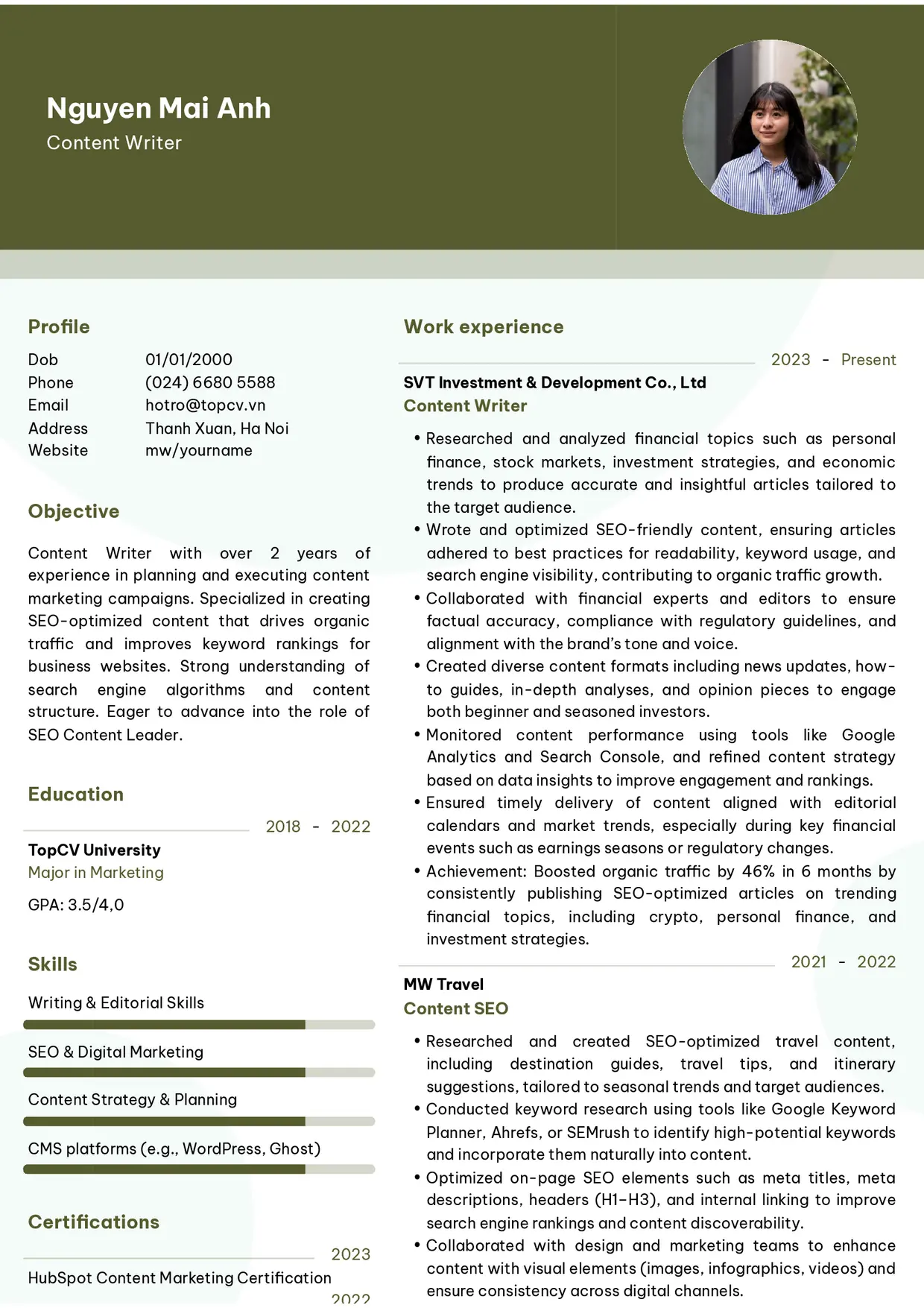 Mẫu CV xin việc Content writer