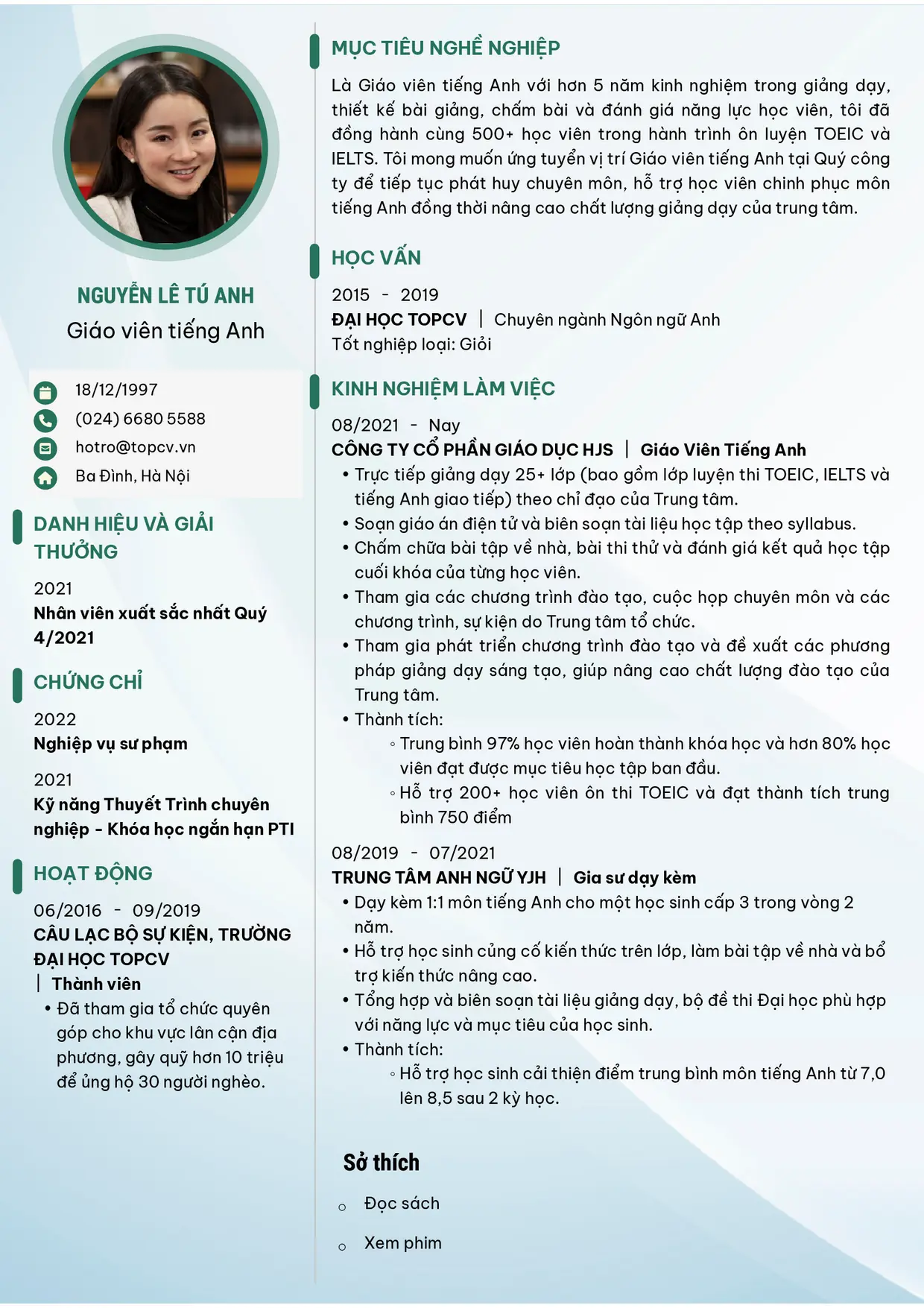 Mẫu CV xin việc Giáo viên tiếng Anh