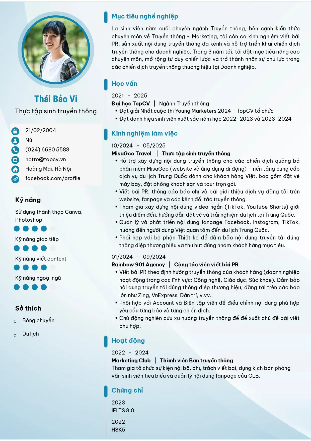 Mẫu CV xin việc Thực tập sinh truyền thông