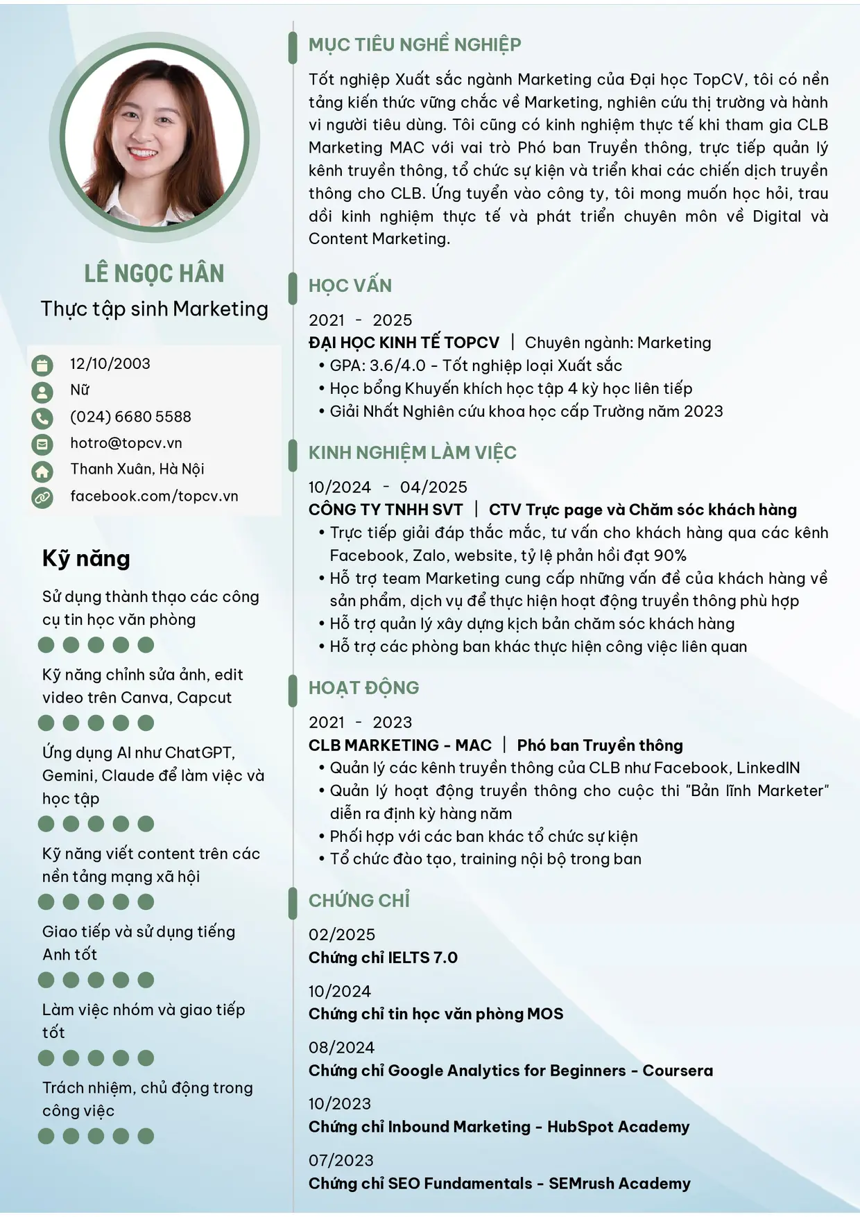 Mẫu CV xin việc Thực tập sinh