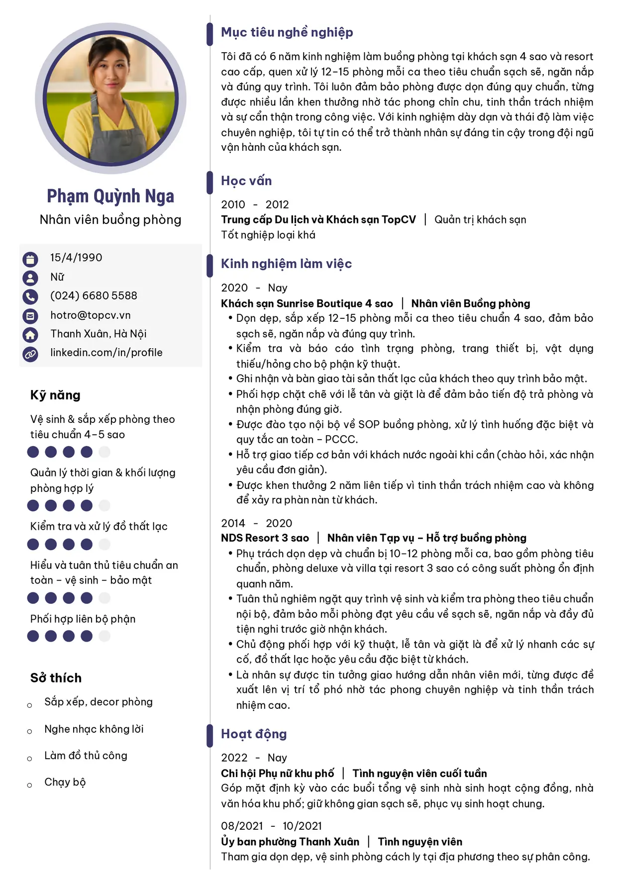 Mẫu CV xin việc Nhân viên buồng phòng