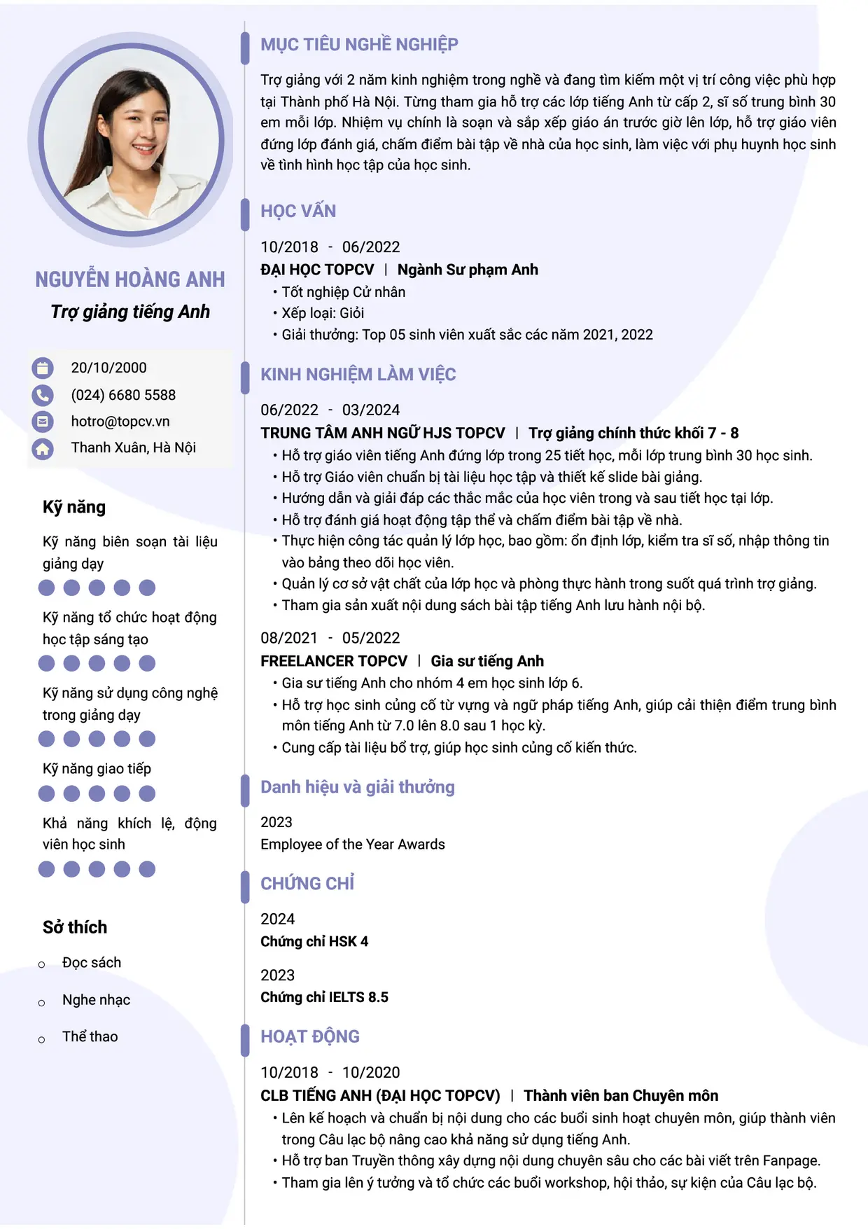 Mẫu CV xin việc Trợ giảng tiếng Anh
