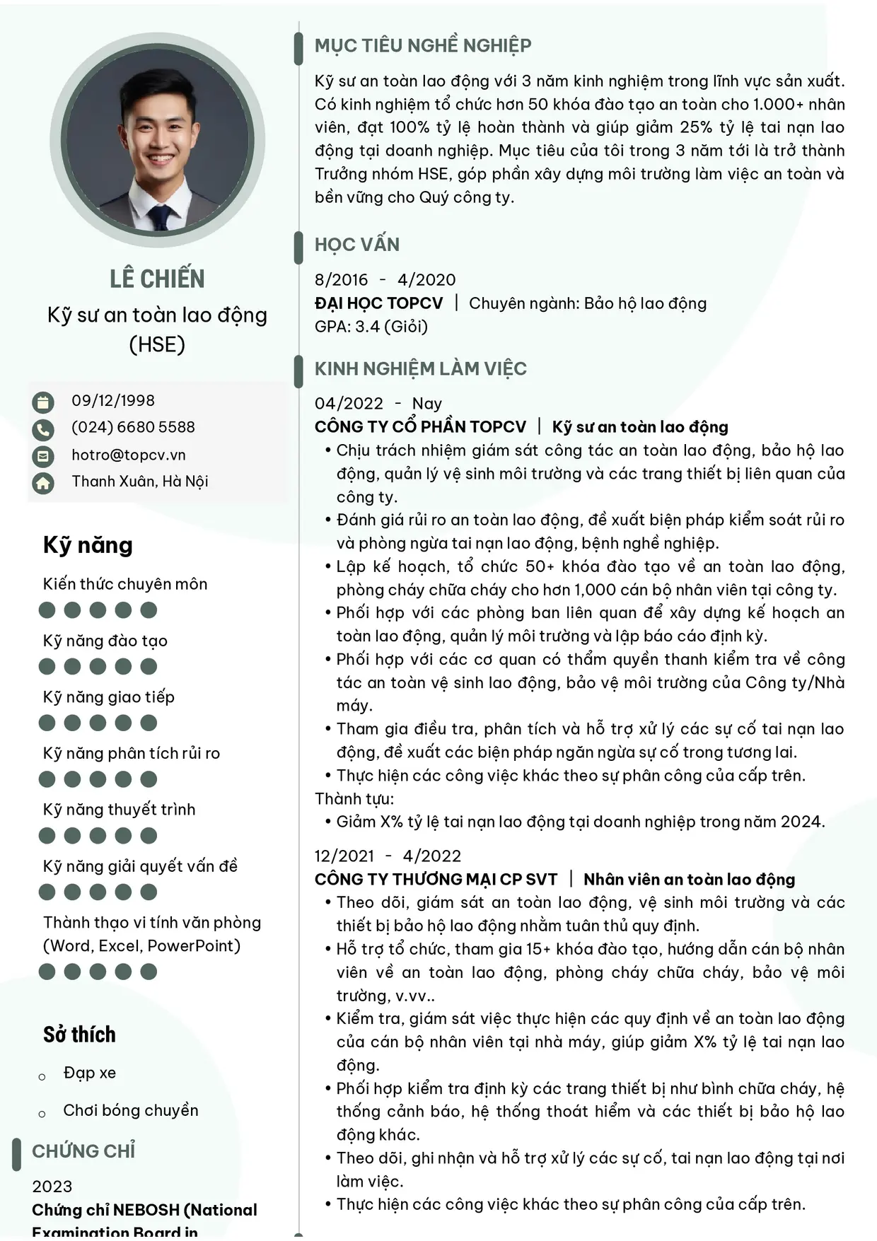 Mẫu CV xin việc Kỹ sư an toàn lao động (HSE)