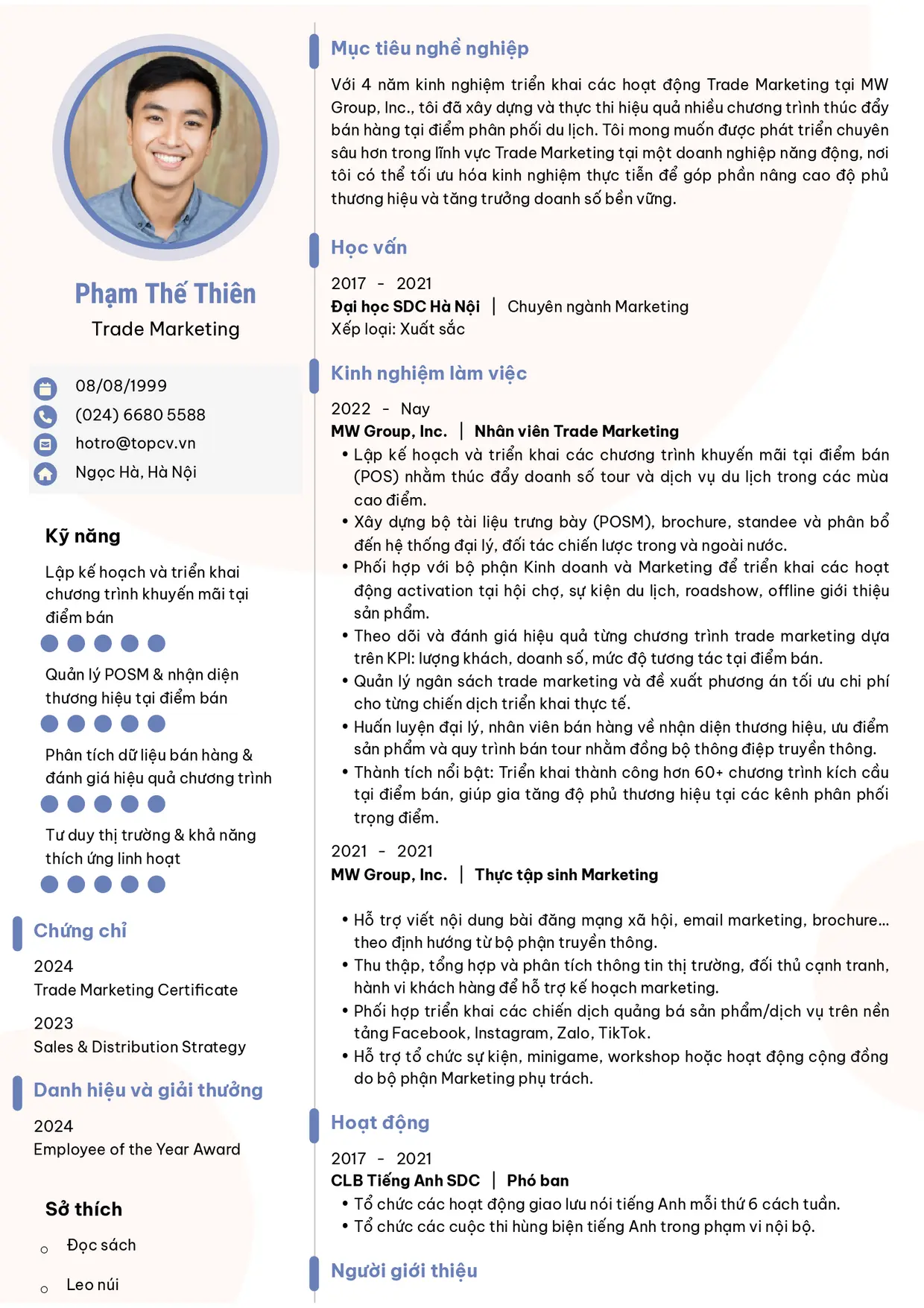 Mẫu CV xin việc Trade Marketing