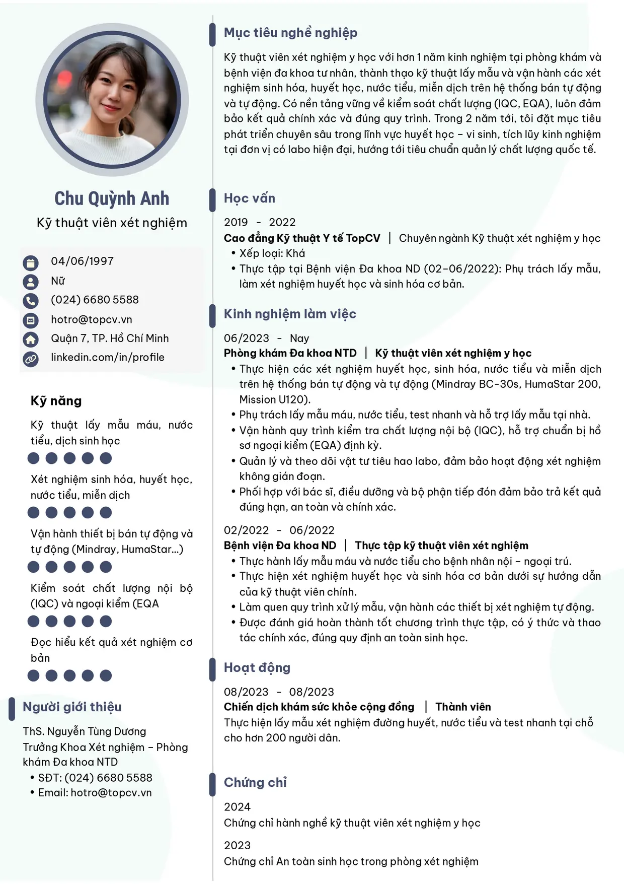 Mẫu CV xin việc Kỹ thuật viên xét nghiệm