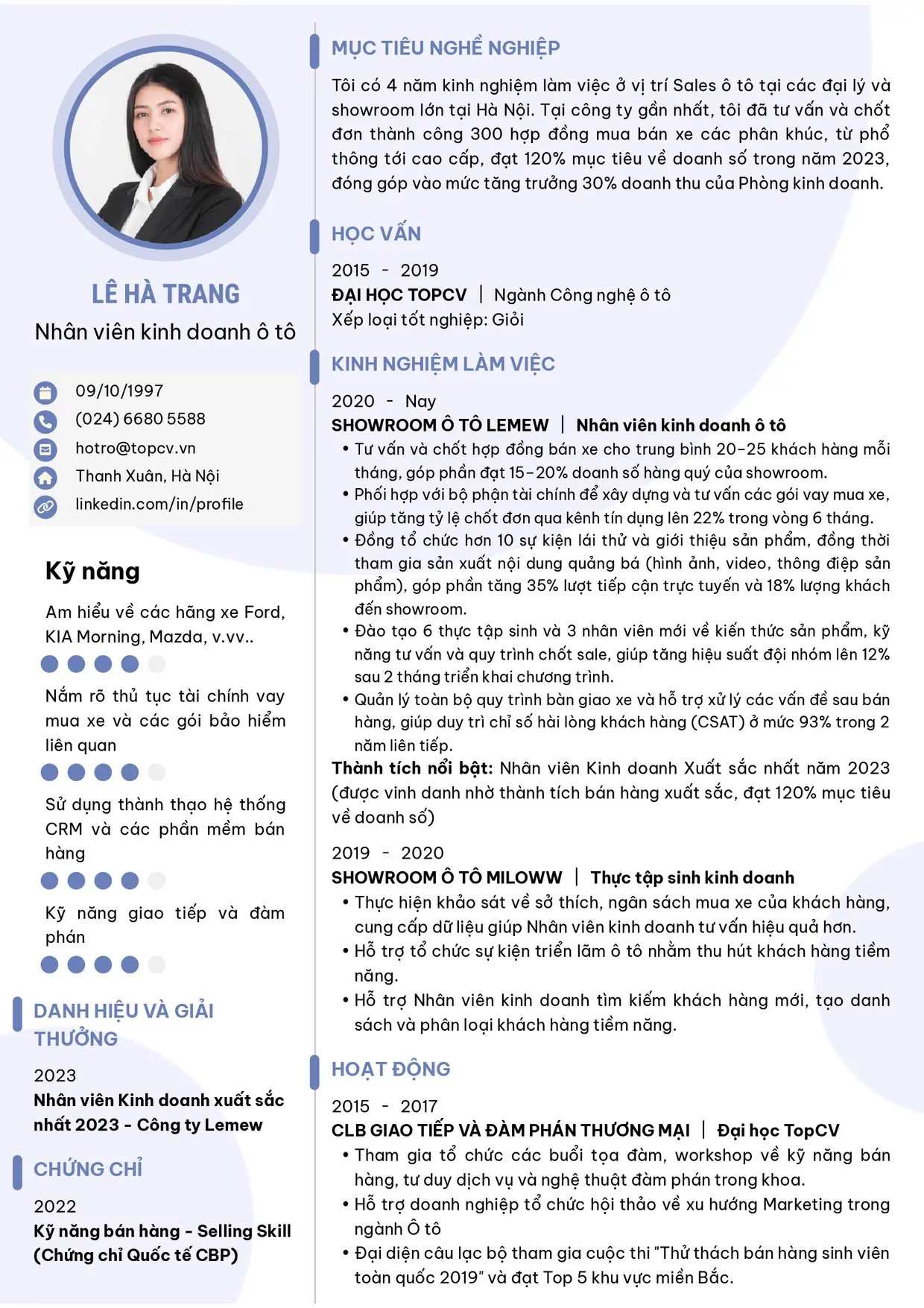 Mẫu CV xin việc Sales ô tô
