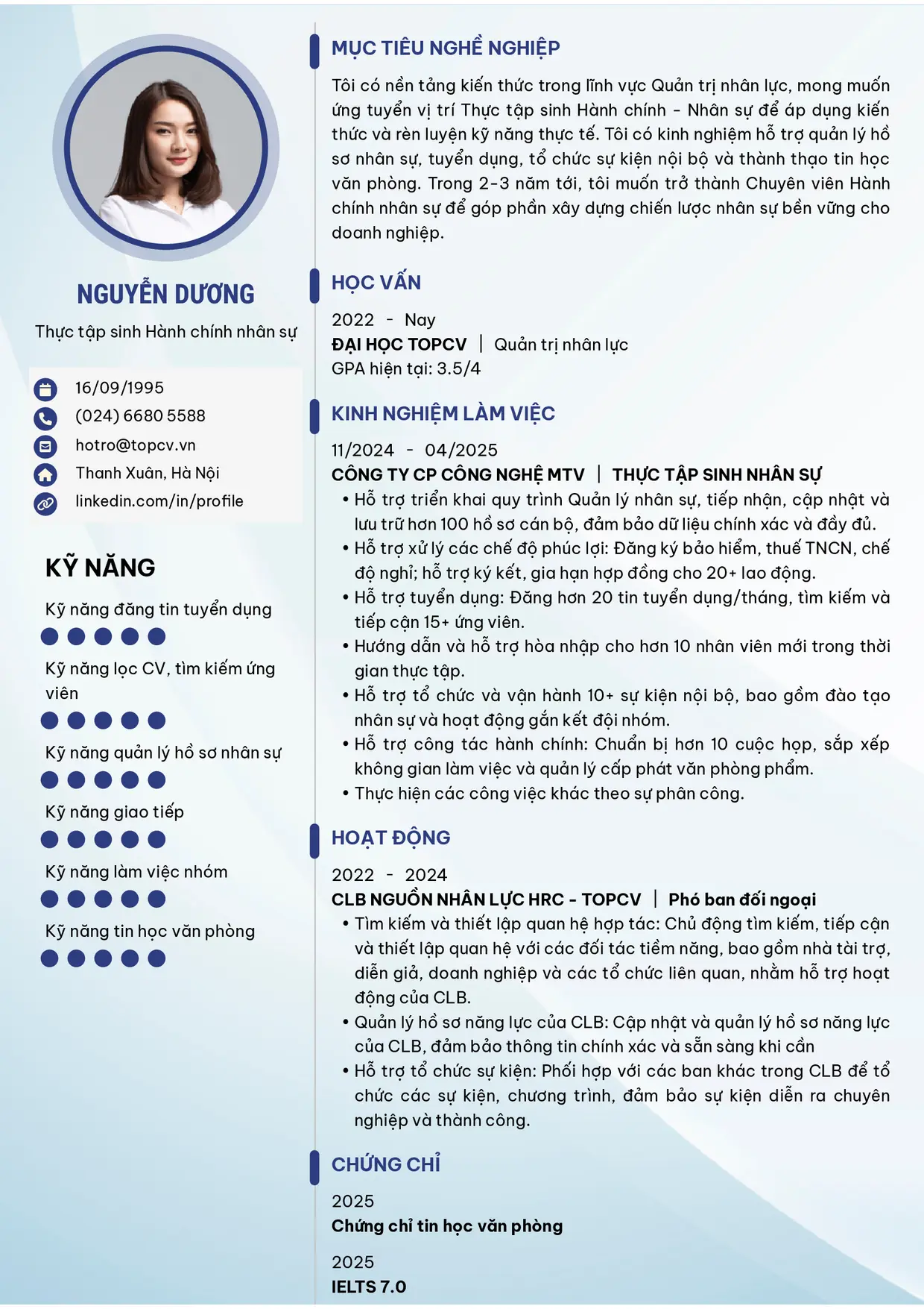 Mẫu CV xin việc Thực tập sinh Hành chính nhân sự