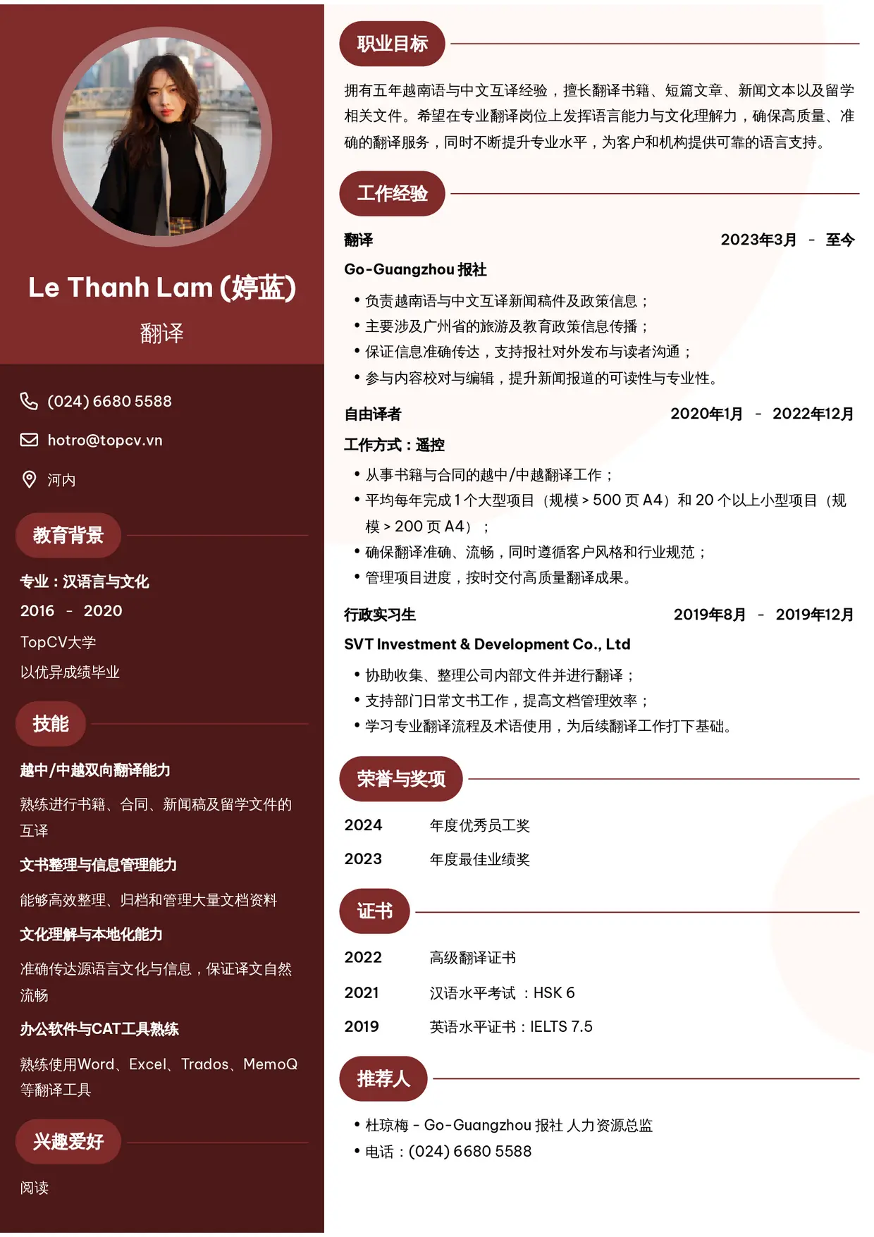 Mẫu CV xin việc Phiên dịch tiếng Trung
