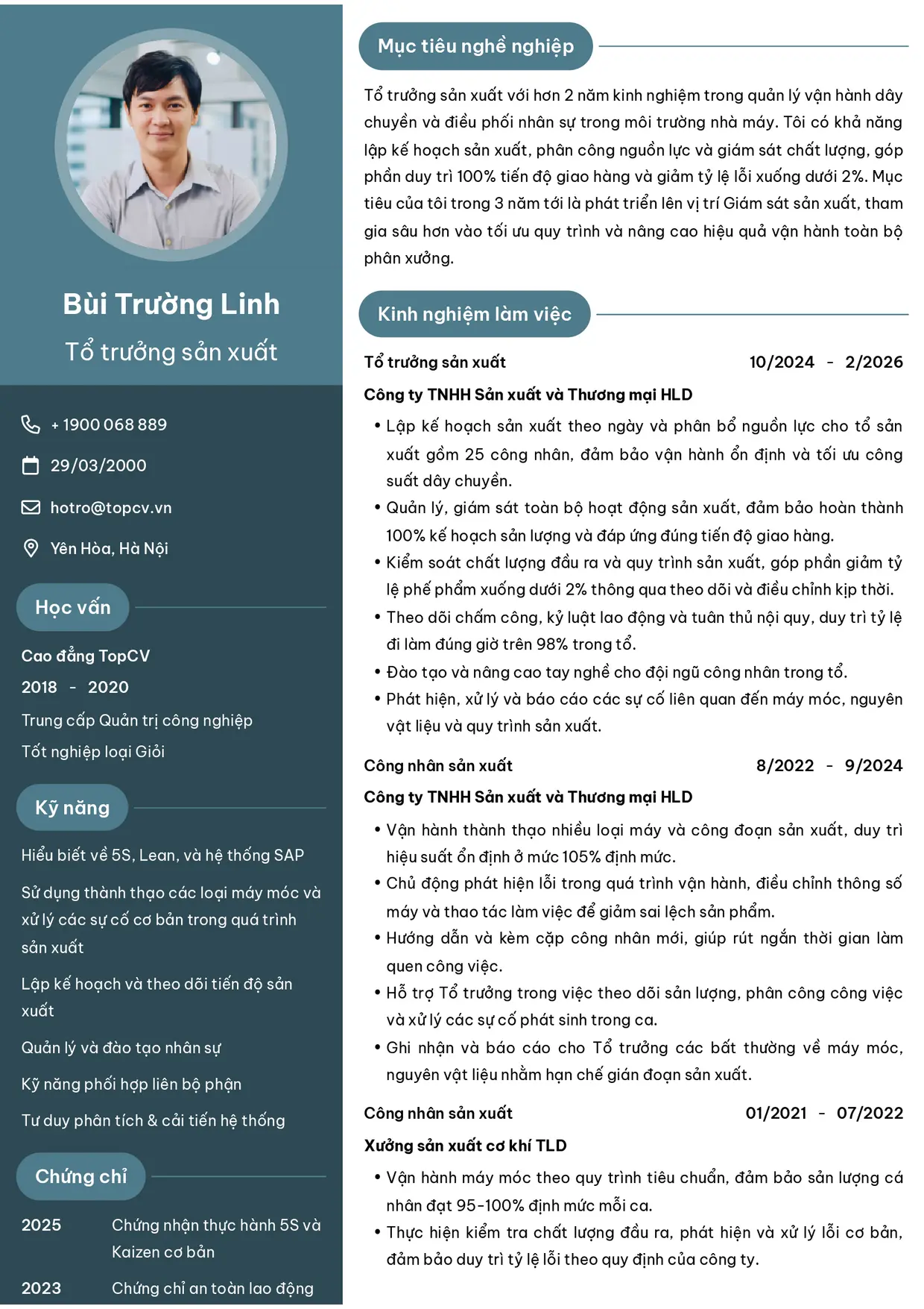 Mẫu CV xin việc Tổ trưởng sản xuất