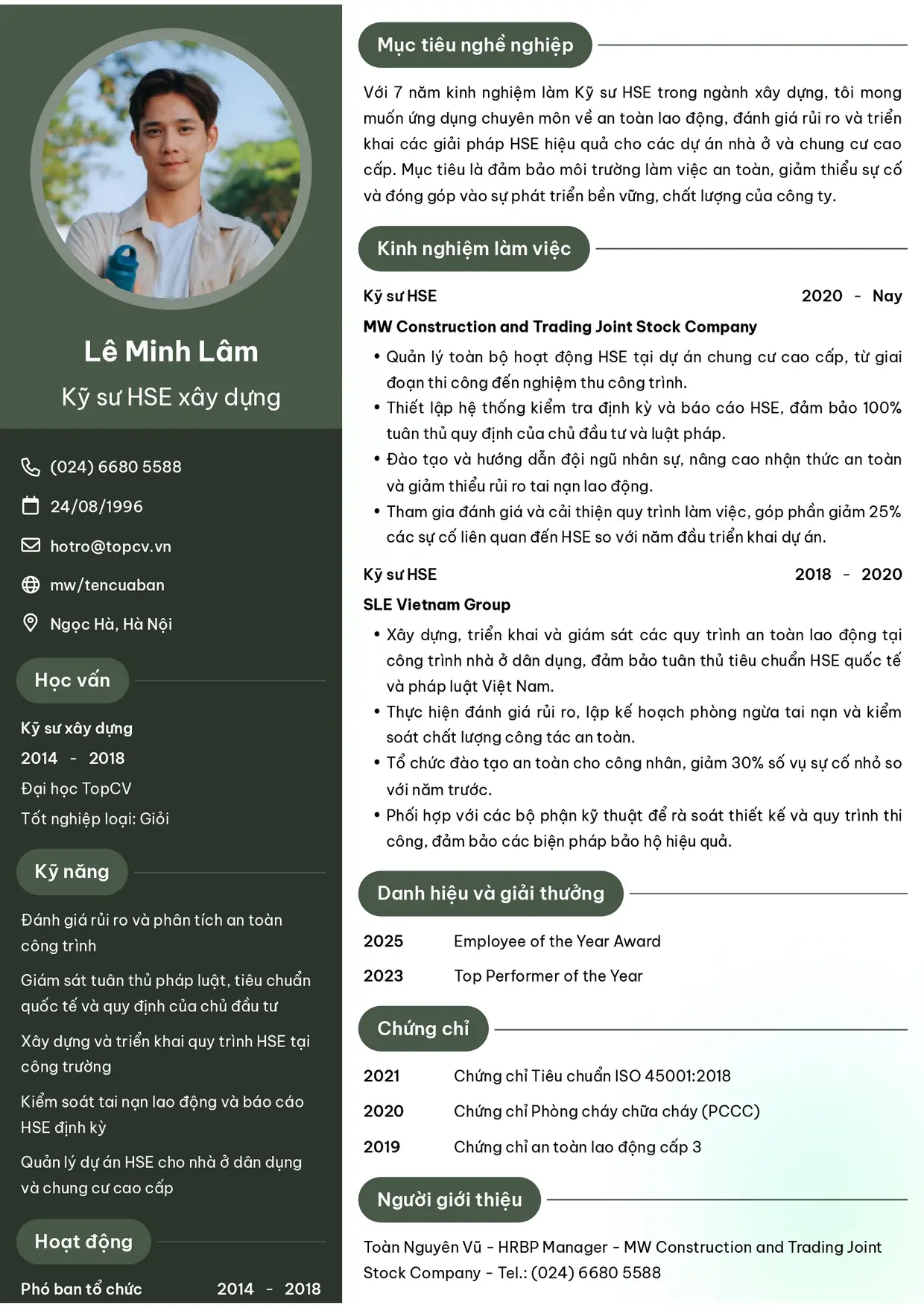 Mẫu CV xin việc Kỹ sư HSE