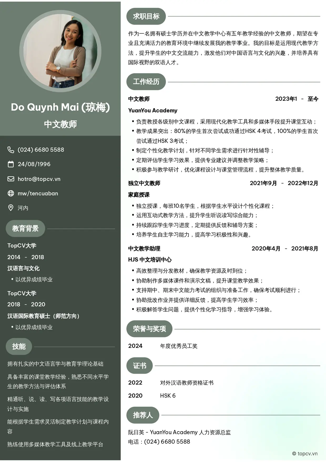 Mẫu CV xin việc Giáo viên tiếng Trung