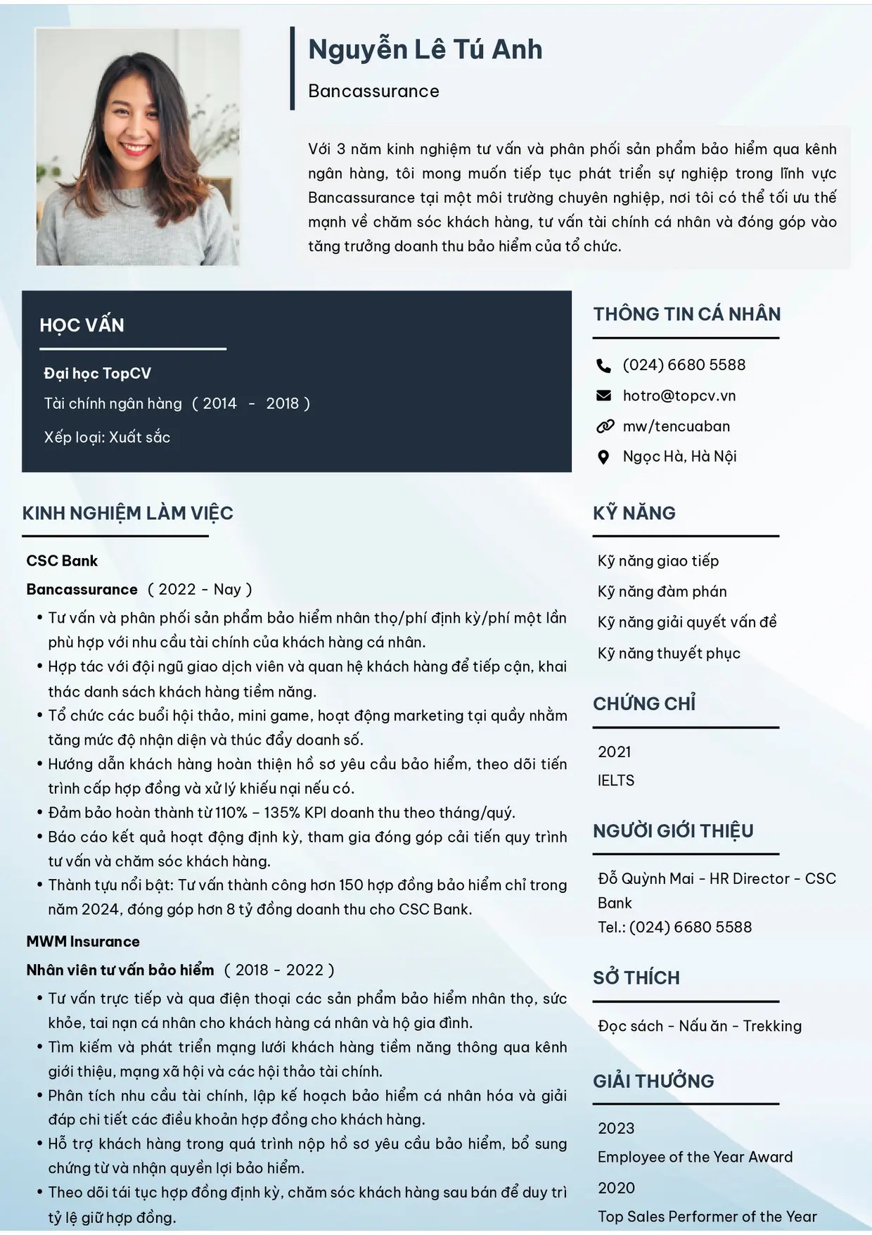 Mẫu CV Bancassurance style Tối giản 2
