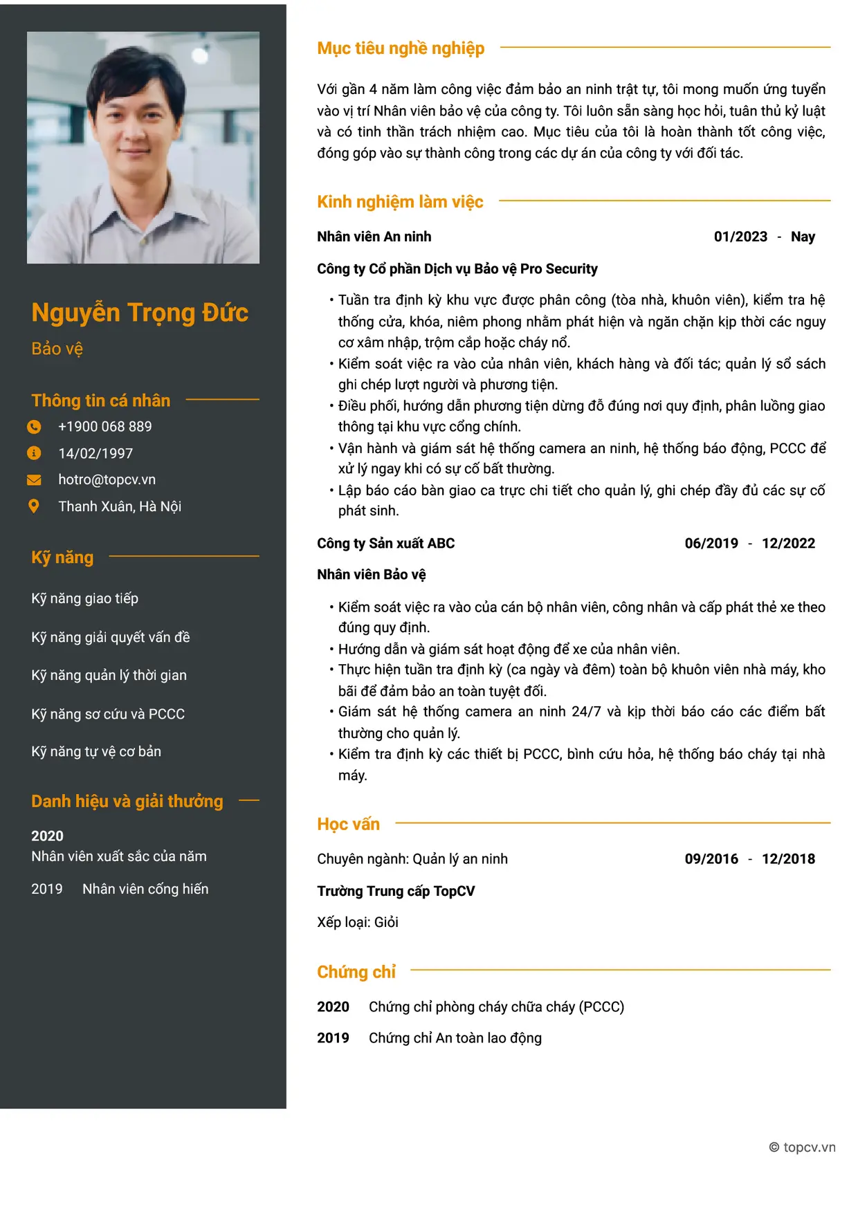 Mẫu CV xin việc Bảo vệ style Tham vọng